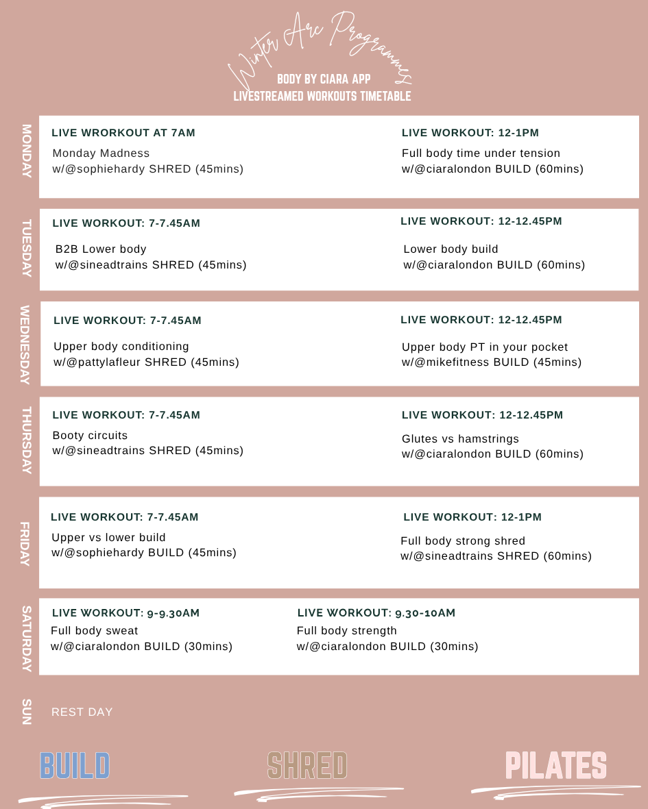 A timetable showing the pre-recorded classes for Body By Ciara