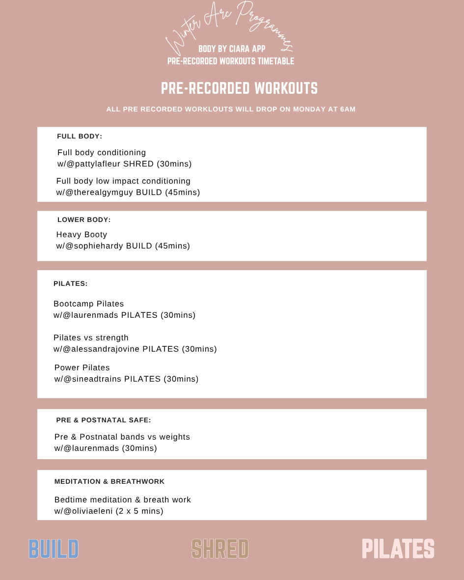 A timetable showing the pre-recorded classes for Body By Ciara