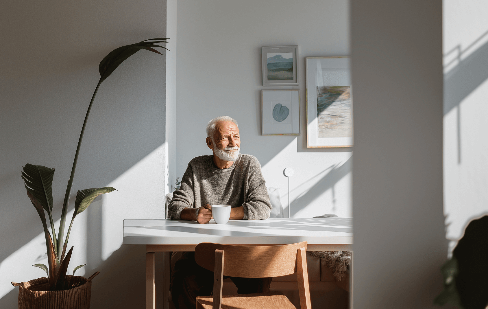 An image of an older man with a grey beard holding a white mug while sitting behind a wooden desk with a palm to the side, a white sensor that's part of the Routines AI assistant elder care system is installed on the wall behind him. 