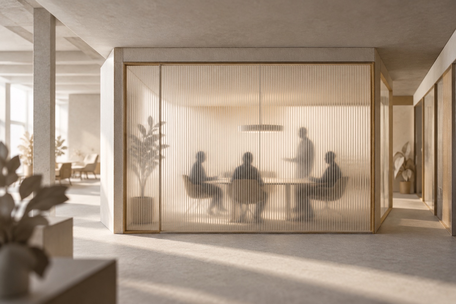 Illustration of anonymous meeting-room silhouettes behind ribbed glass.