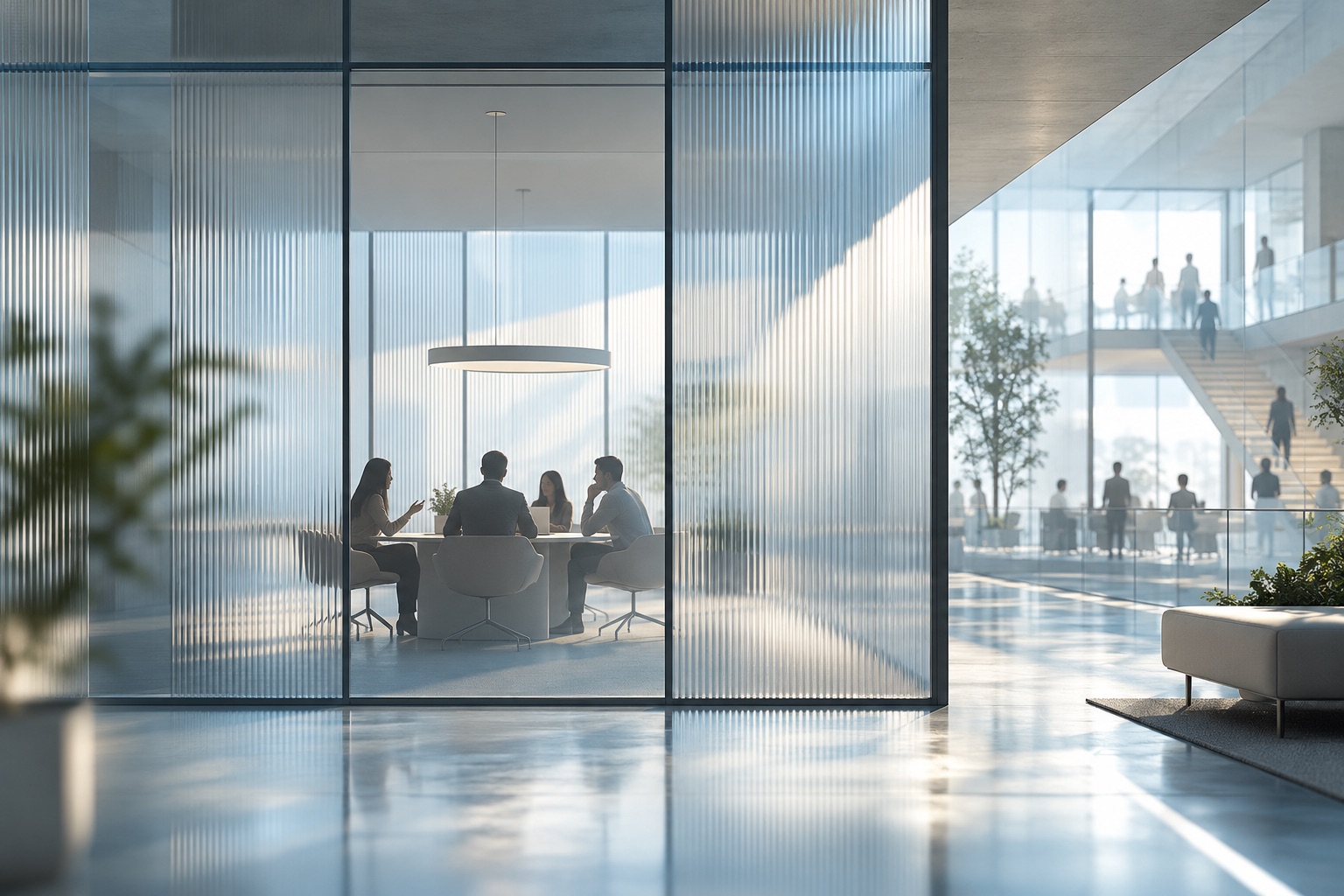 Illustration of a meeting room within a larger office building.