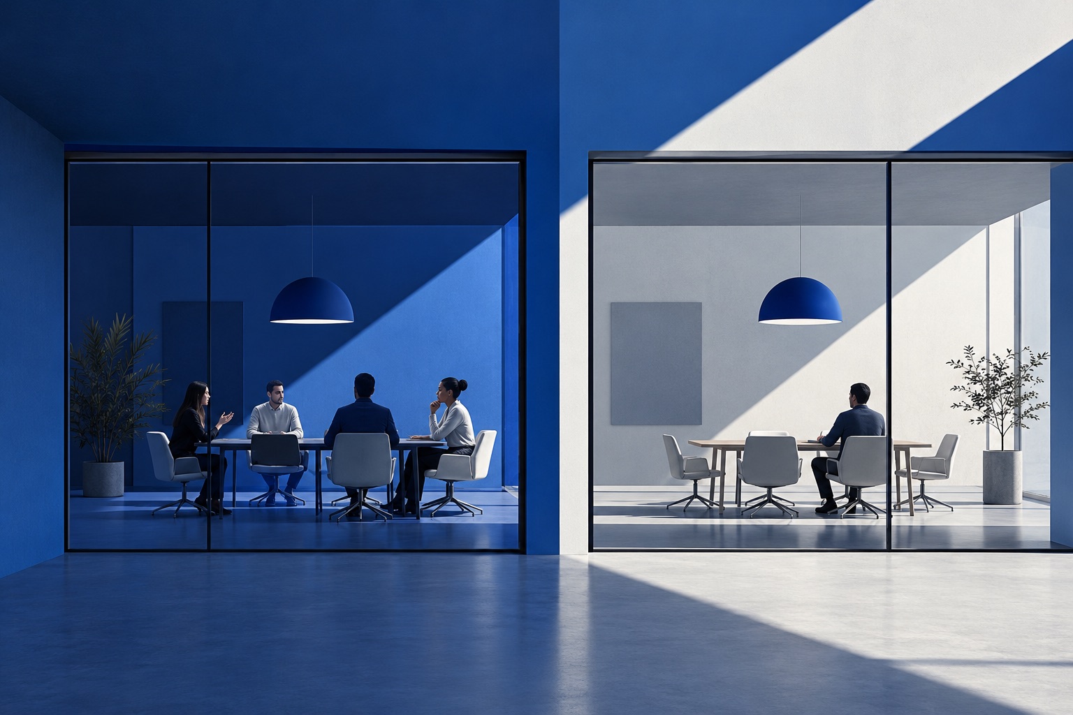 Illustration of adjacent meeting rooms occupied by different-sized groups.