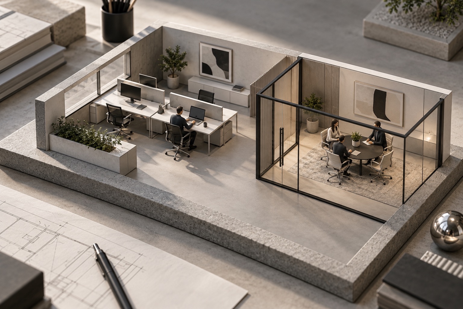 Architectural illustration contrasting individual desks with a small group using a meeting room.