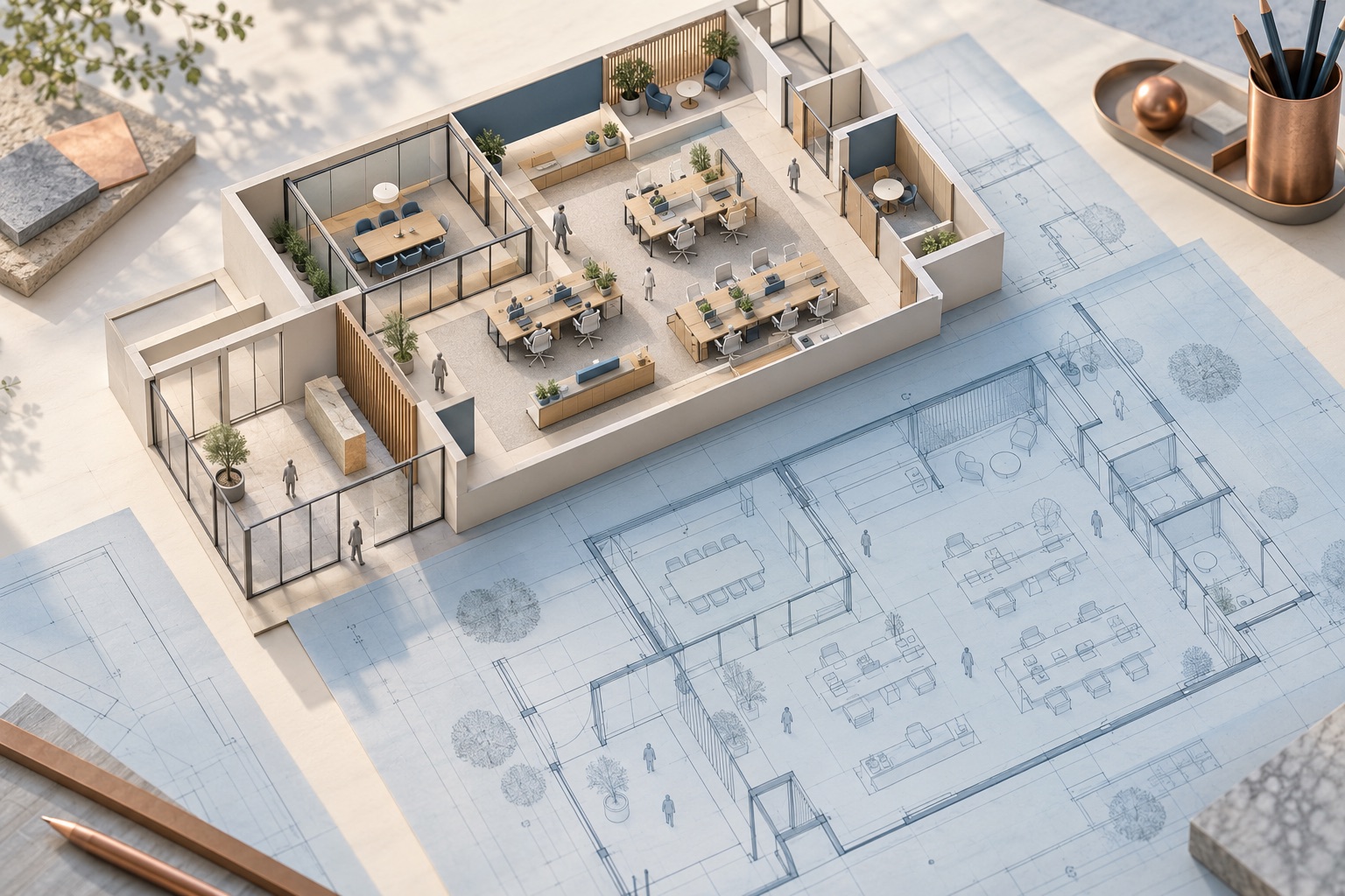 Office cutaway model beside translucent blue architectural floor plans.