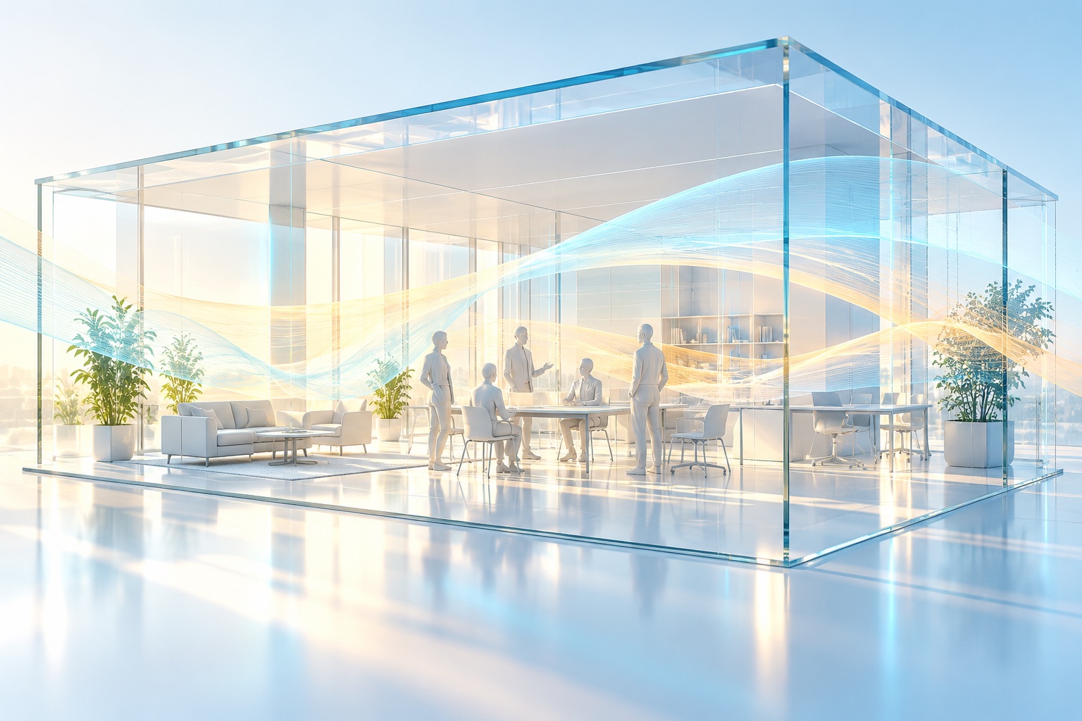 Conceptual glass office with sculptural figures and flowing bands of blue and amber light.