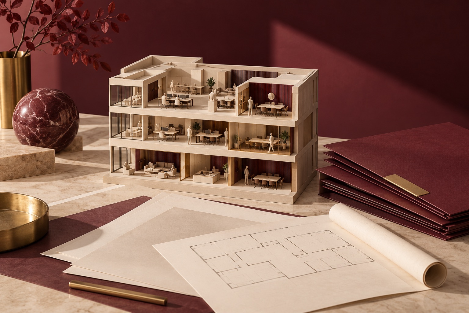 Architectural office model beside burgundy document folders and an unmarked floor plan.