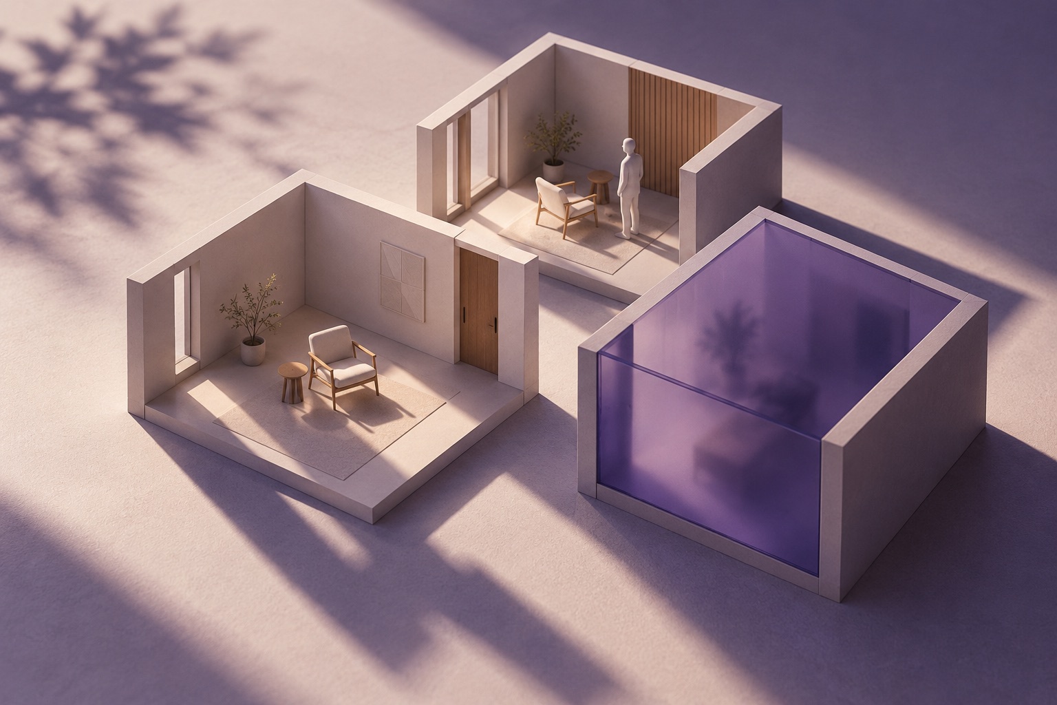 Three architectural room models showing an empty chair, a person and an obscured interior.