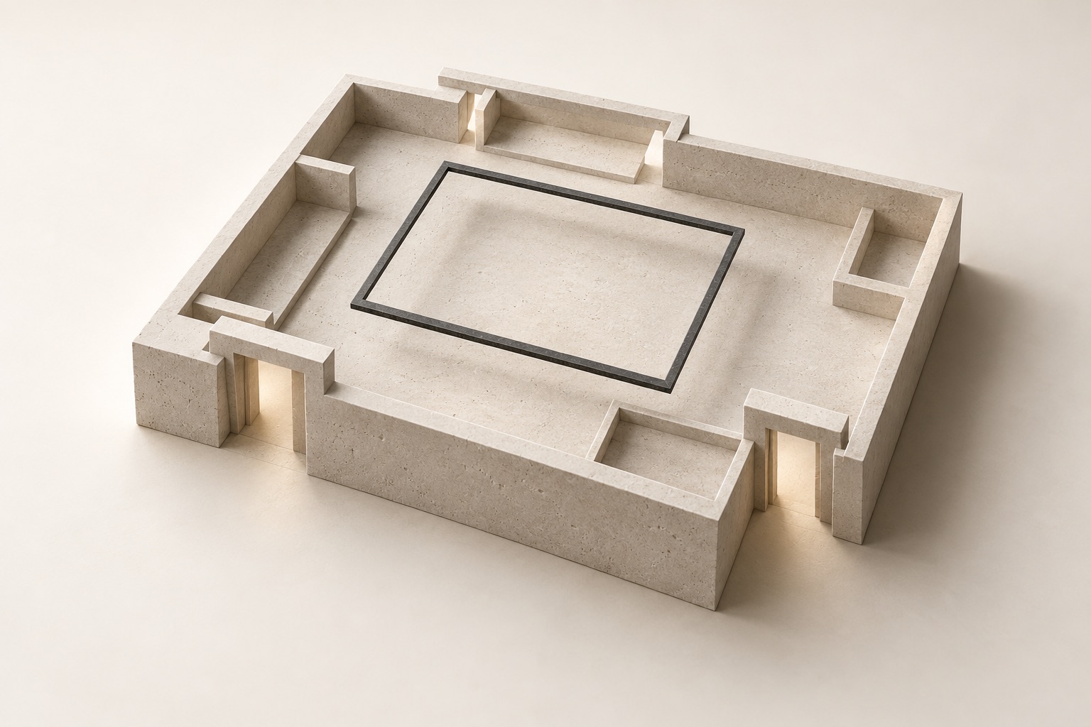 Pale stone floor model with doorway openings and a dark rectangular boundary frame.