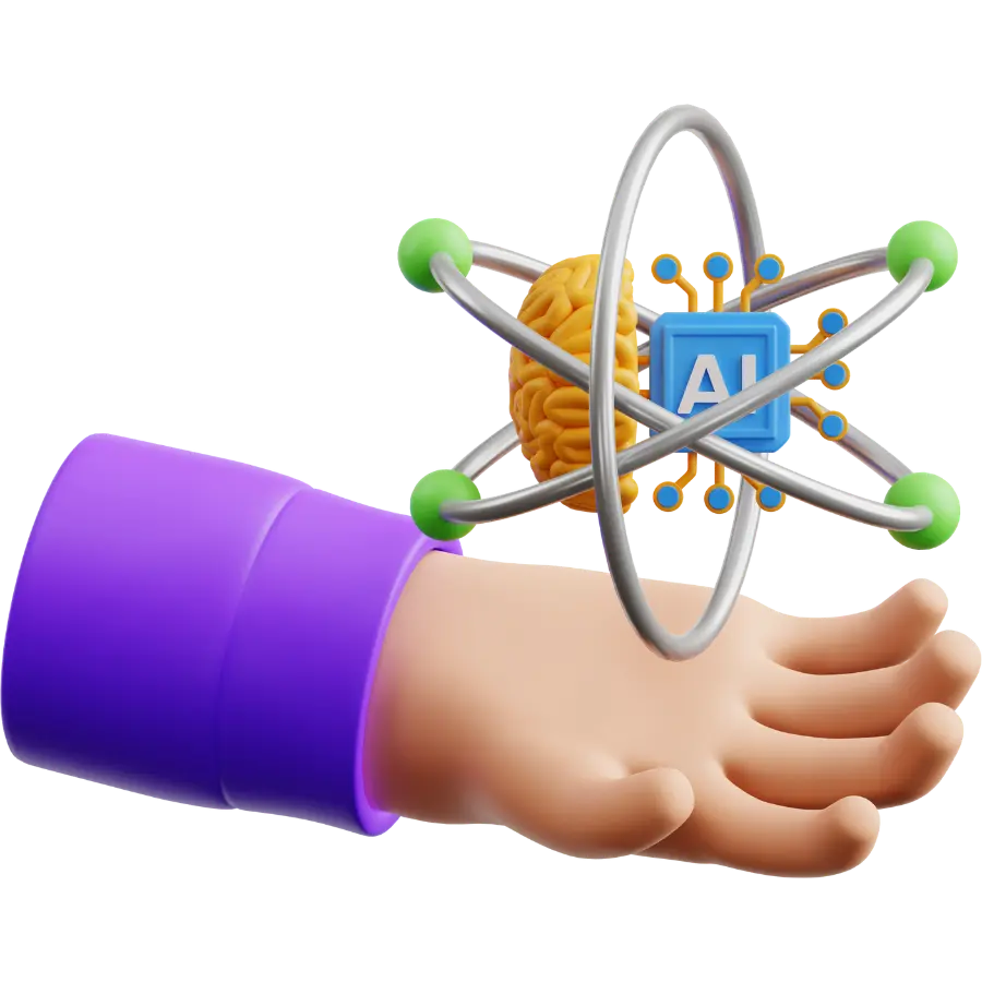 Hånd som hånder atom med hjerne og ai-symbol