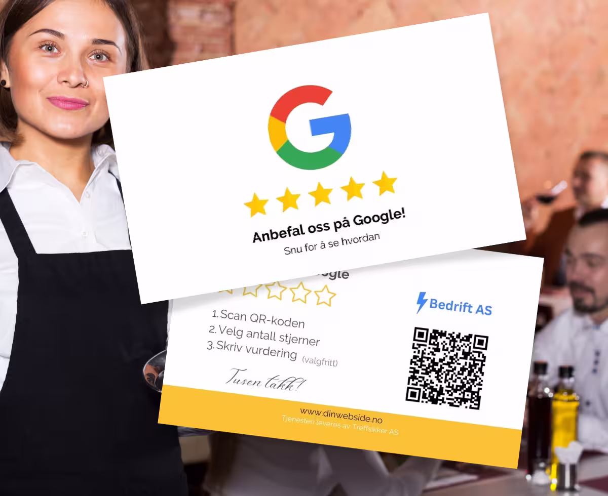Google Review kort foran servitør på restaurant