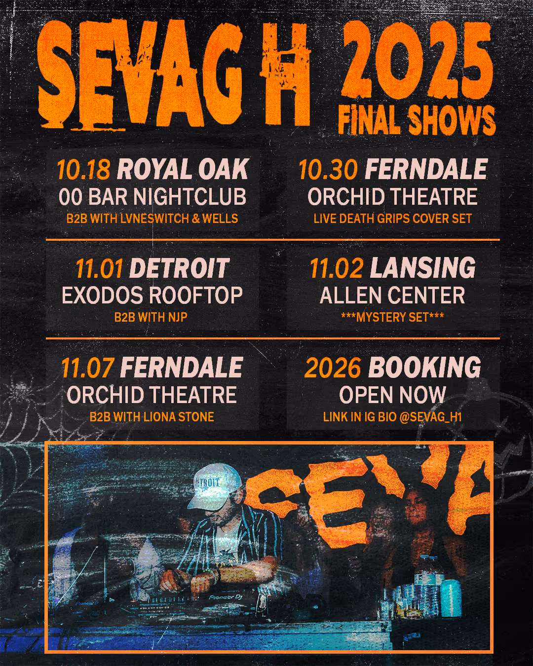 Promotional graphic for Sevag H, a Michigan-based DJ, announcing a schedule for live performances.