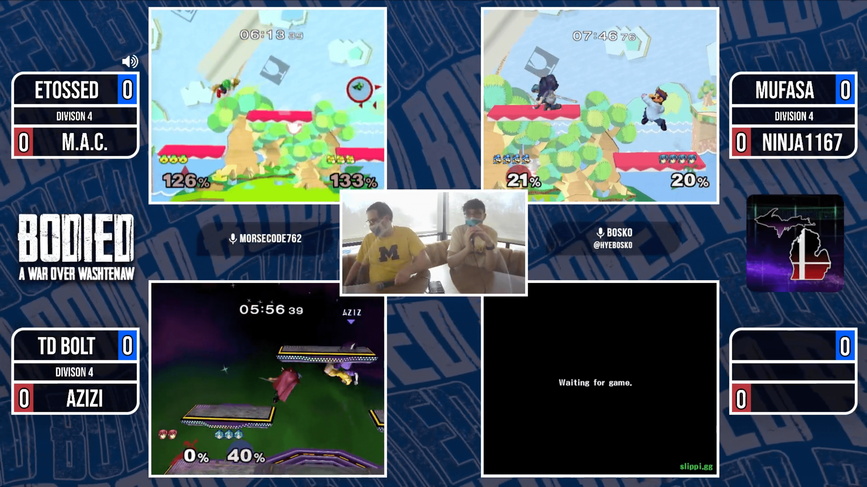 Multi-stream broadcast layout supporting multiple matches and overlays for Bodied events.