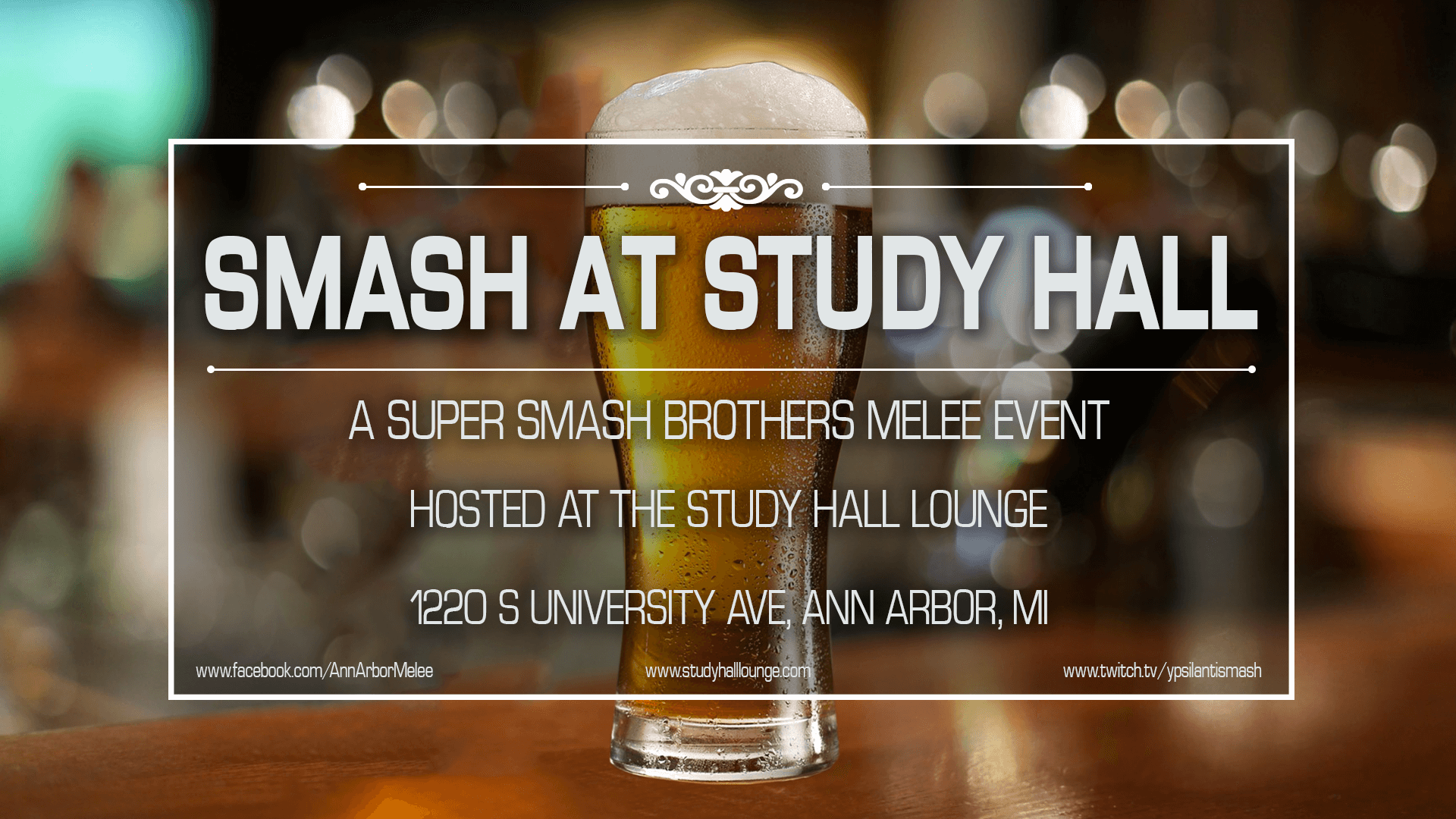 Primary promotional banner for Smash At Study Hall (SASH), a Michigan-based Super Smash Bros. Melee esports event.