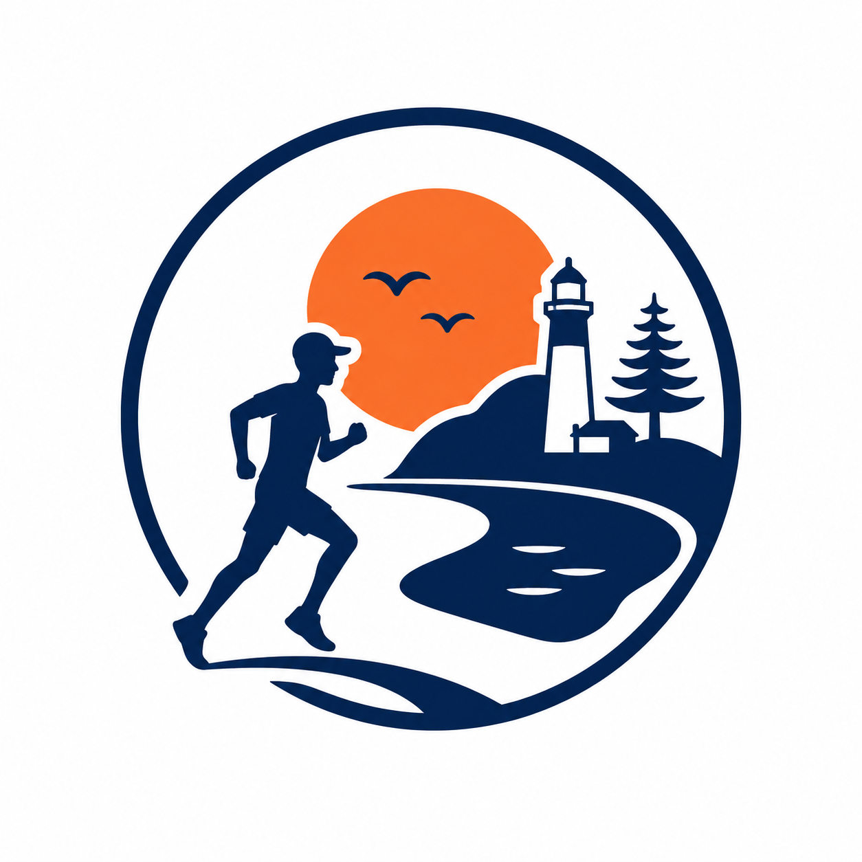 Silhouette of a runner on a path with a lighthouse, tree, birds, and orange sun in the background.