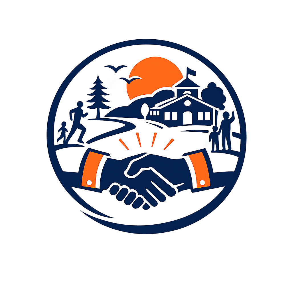 Icon of two hands shaking with a backdrop of a building, pathway, trees, and people under an orange sun.