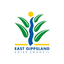 East Gippsland Shire Council logo with blue river, green leaves, and yellow sun above text.