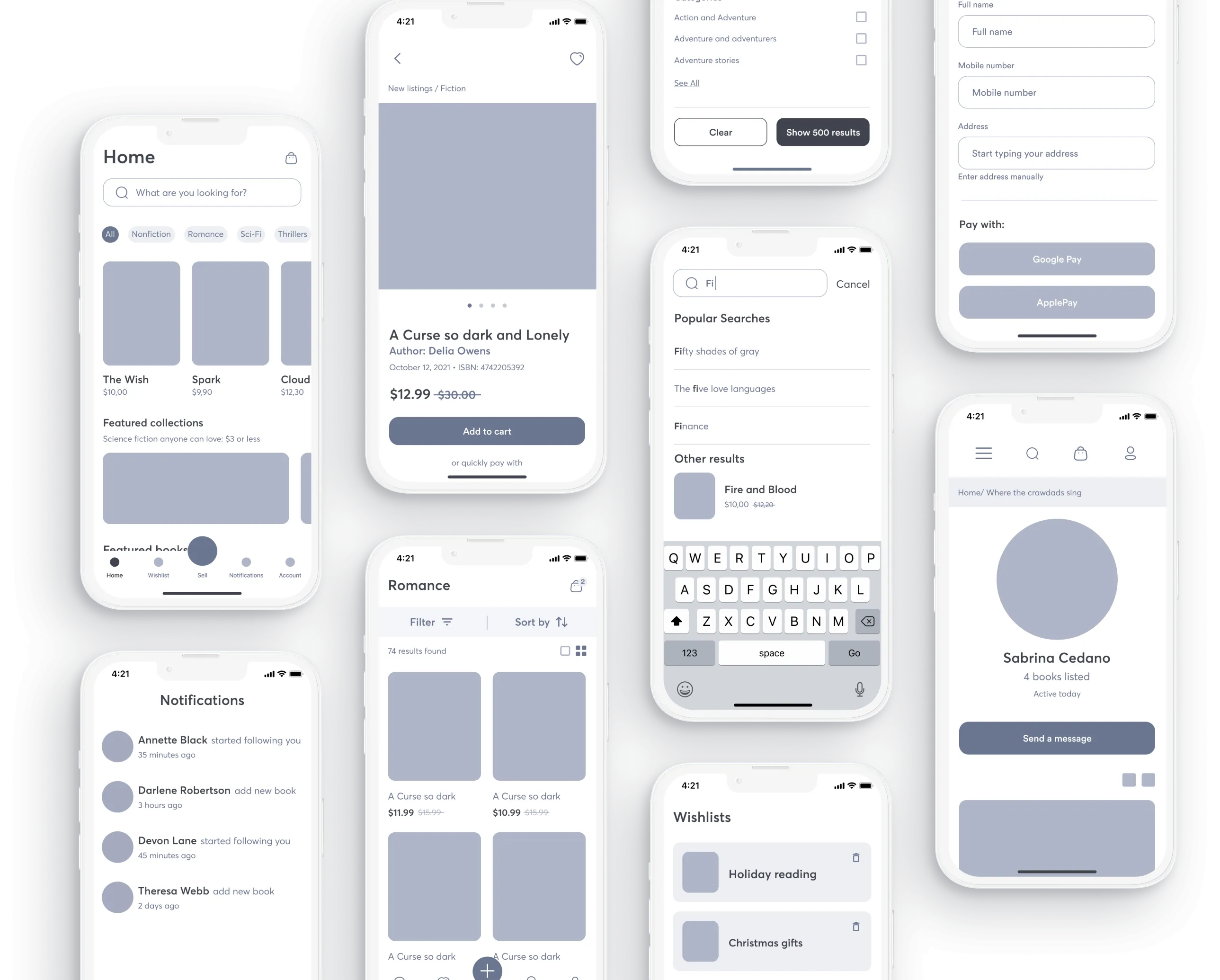 A collection of mobile app screens showcasing various design elements and user interface features.