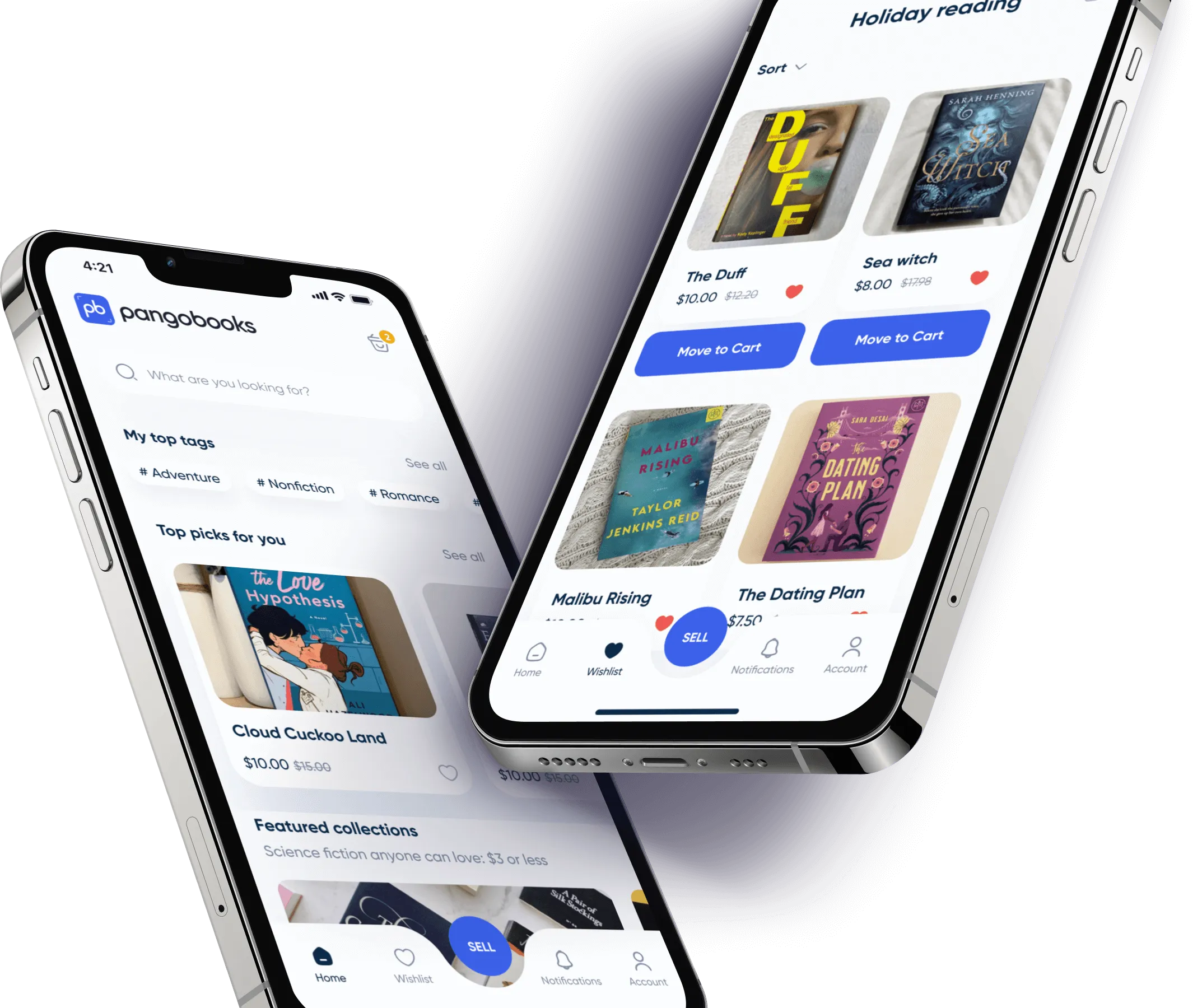 Two iPhones side by side, each showcasing the book app interface on their screens, highlighting digital reading options.