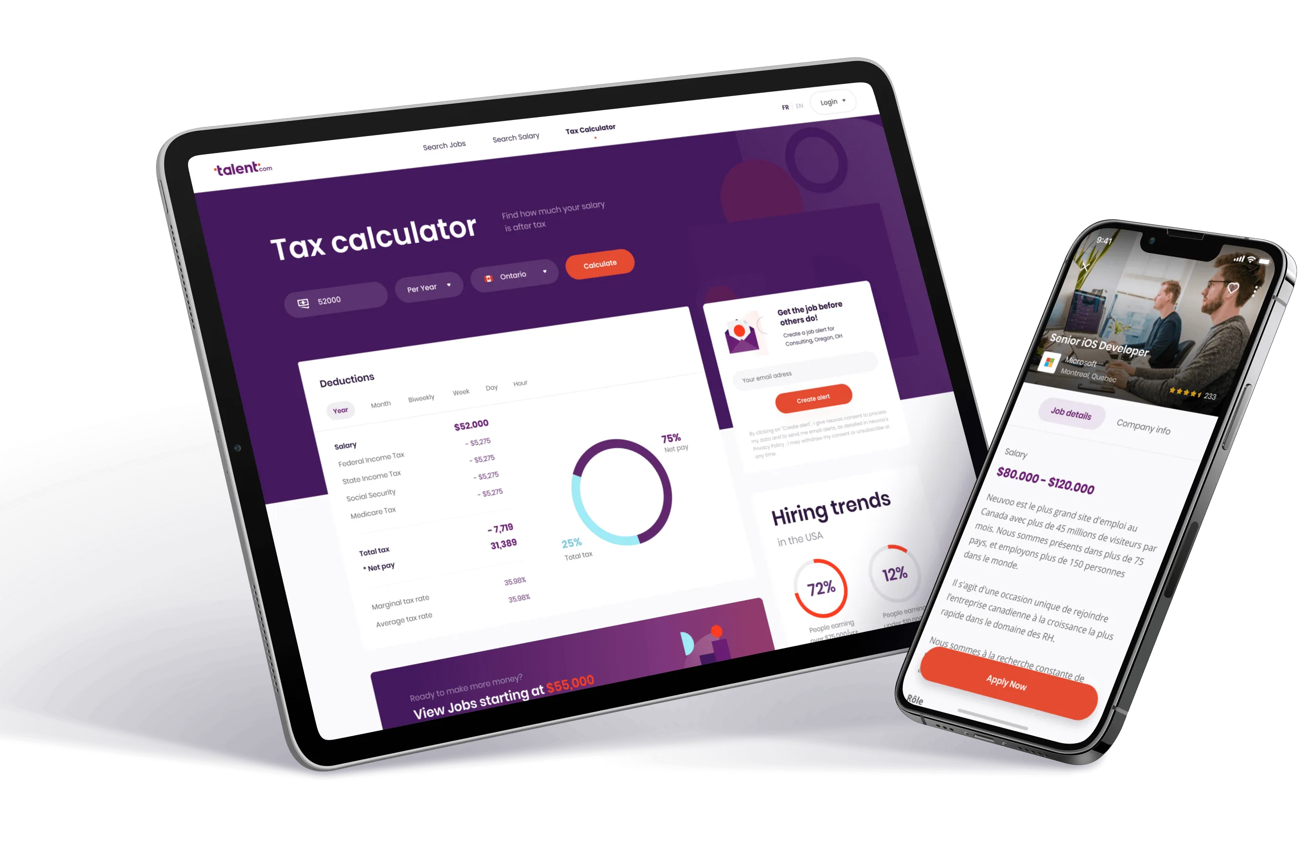 Application de calcul d'impôts affichée sur une tablette et un smartphone, présentant une interface conviviale pour faciliter les calculs fiscaux.