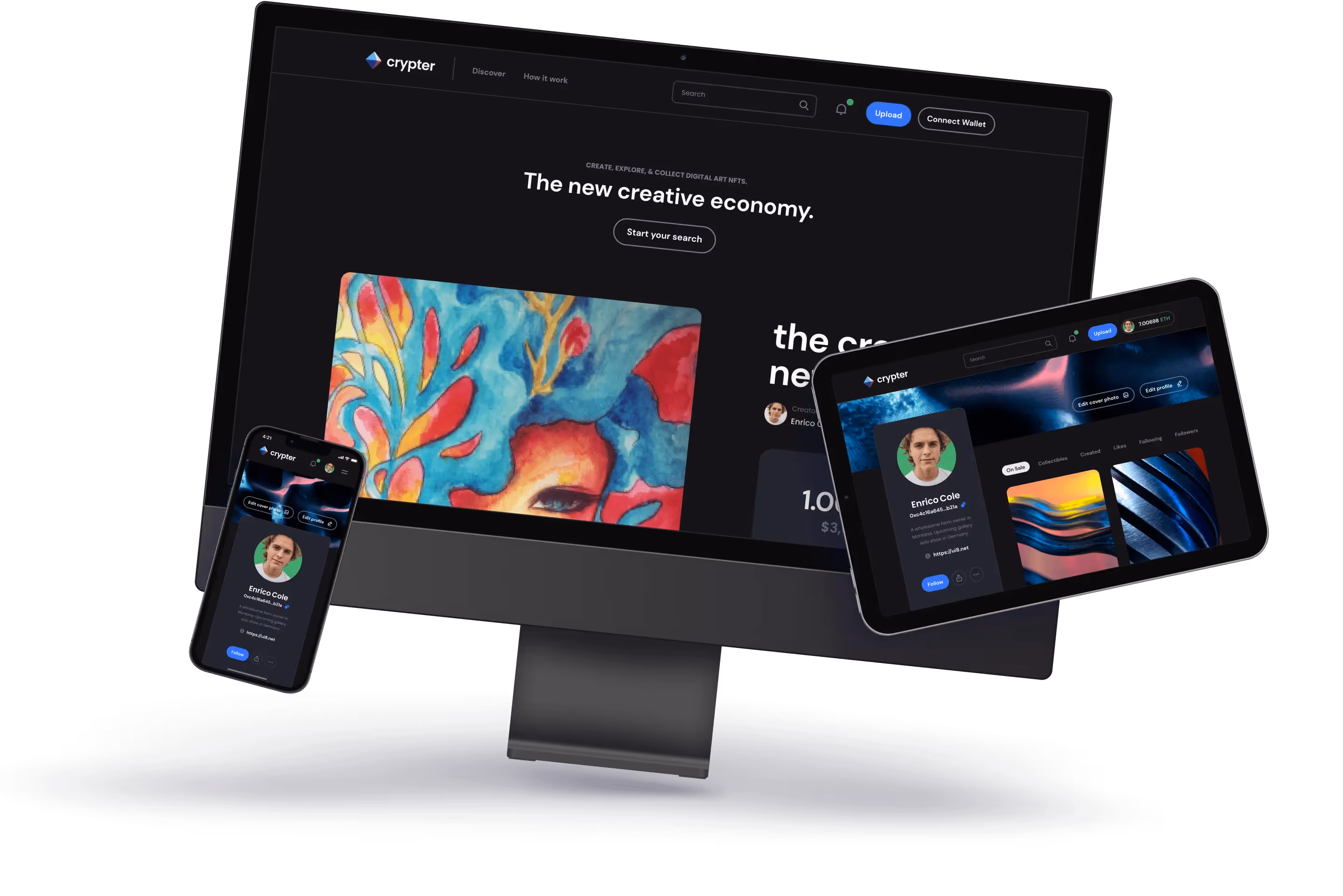 A computer, phone, and tablet showcasing the same website on their screens, illustrating cross-device compatibility.