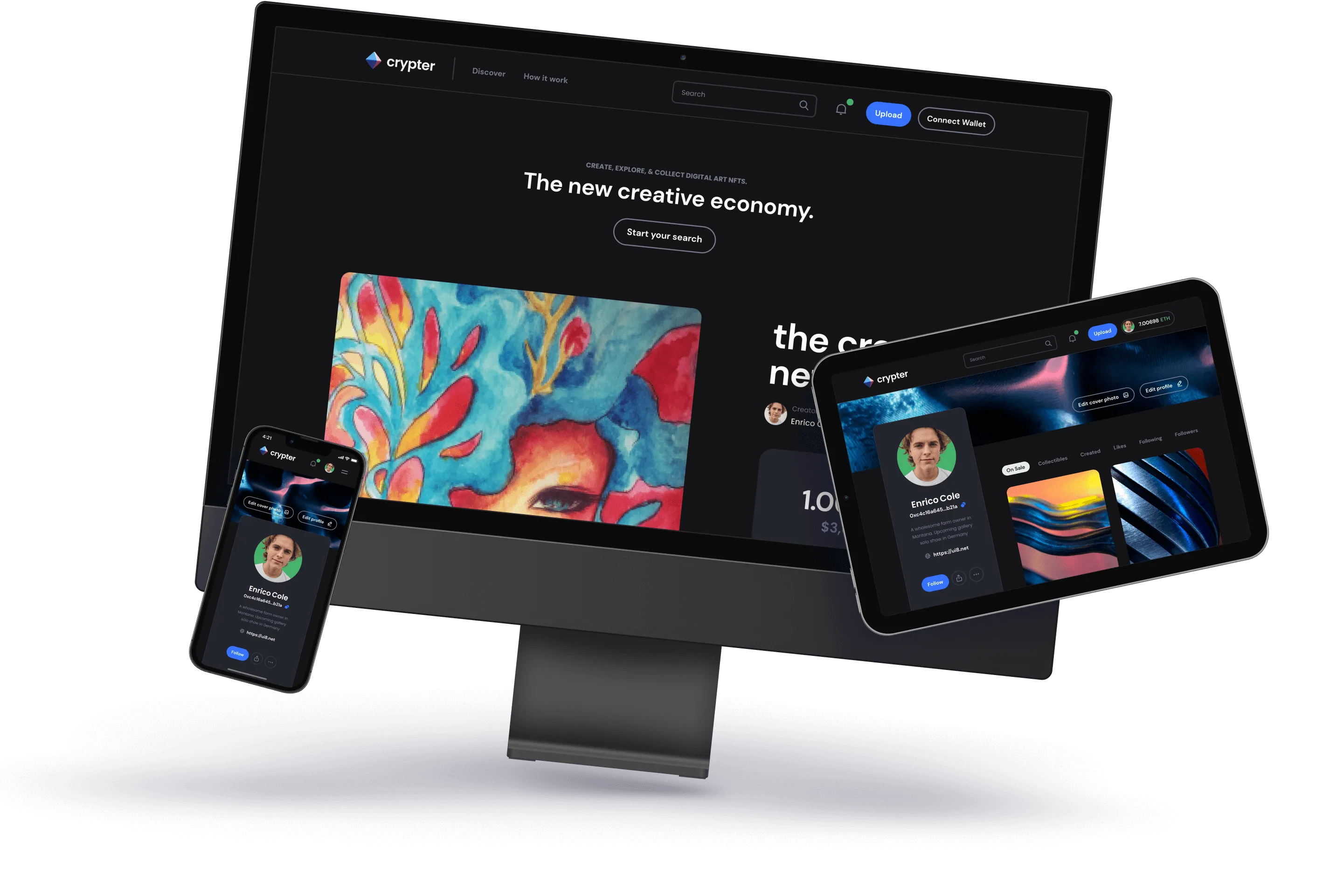 A computer, phone, and tablet showcasing the same website on their screens, illustrating cross-device compatibility.