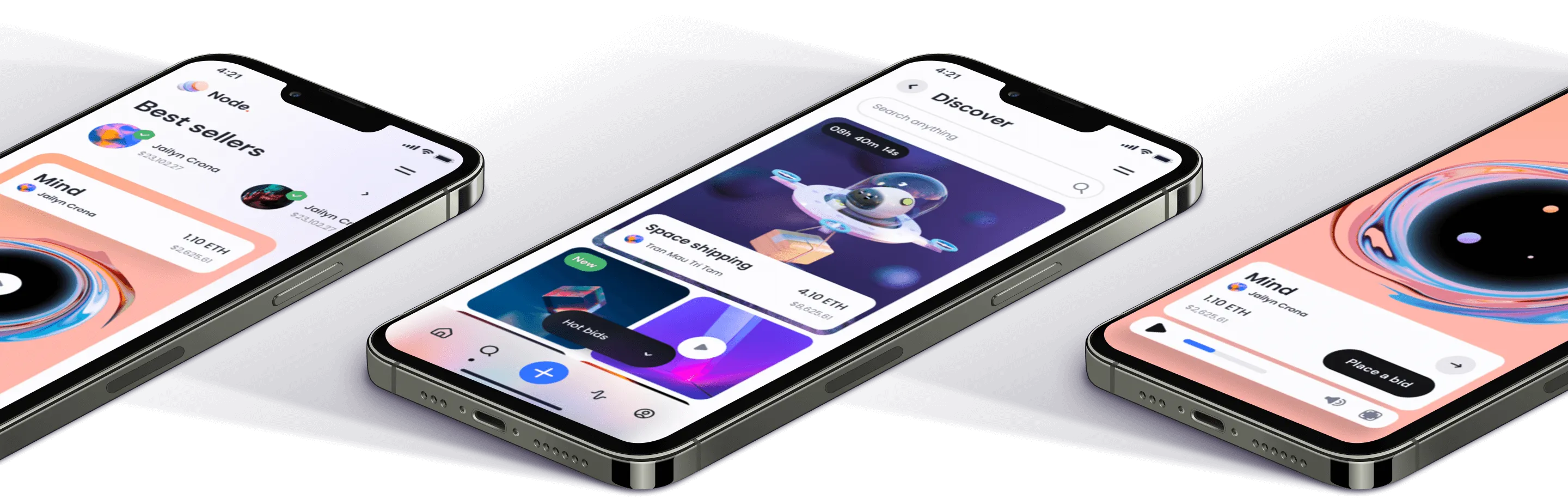 Three iPhones displayed, each featuring distinct themes and colors, showcasing a variety of designs and styles.