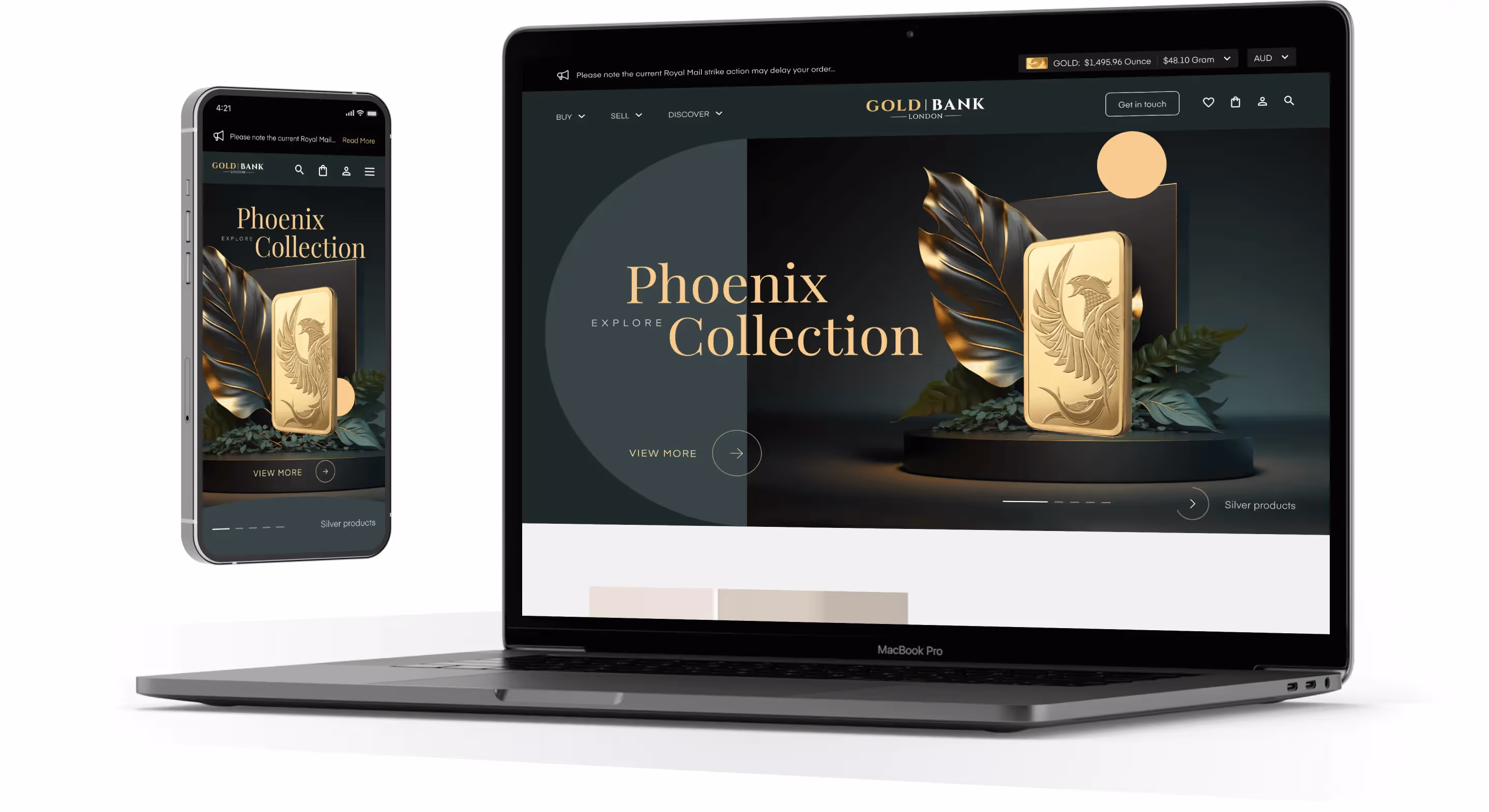 Website design showcasing the Phoenix Gold Collection, featuring elegant layouts and vibrant gold accents.