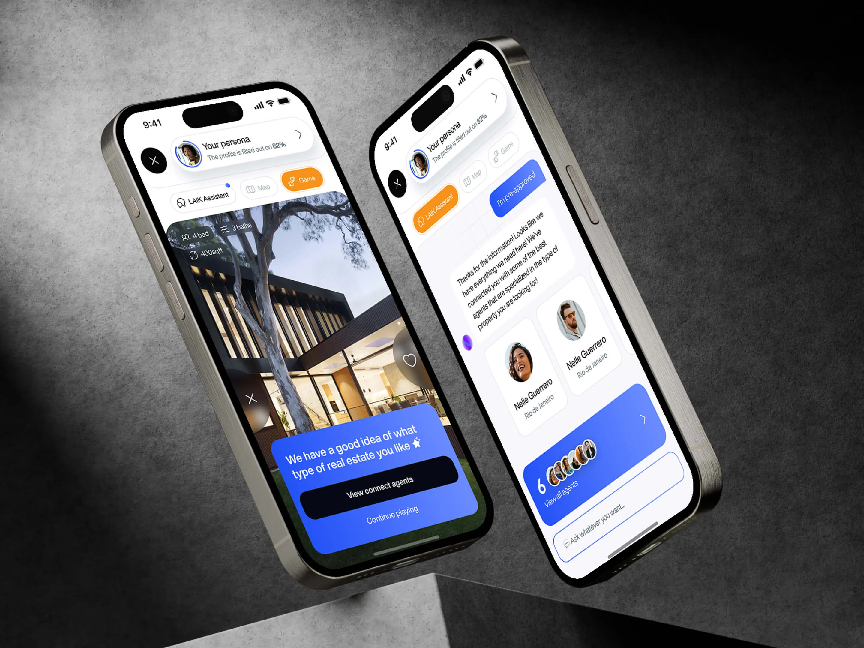Deux iPhones affichant la même interface d'application et présentant leurs caractéristiques et fonctionnalités côte à côte.