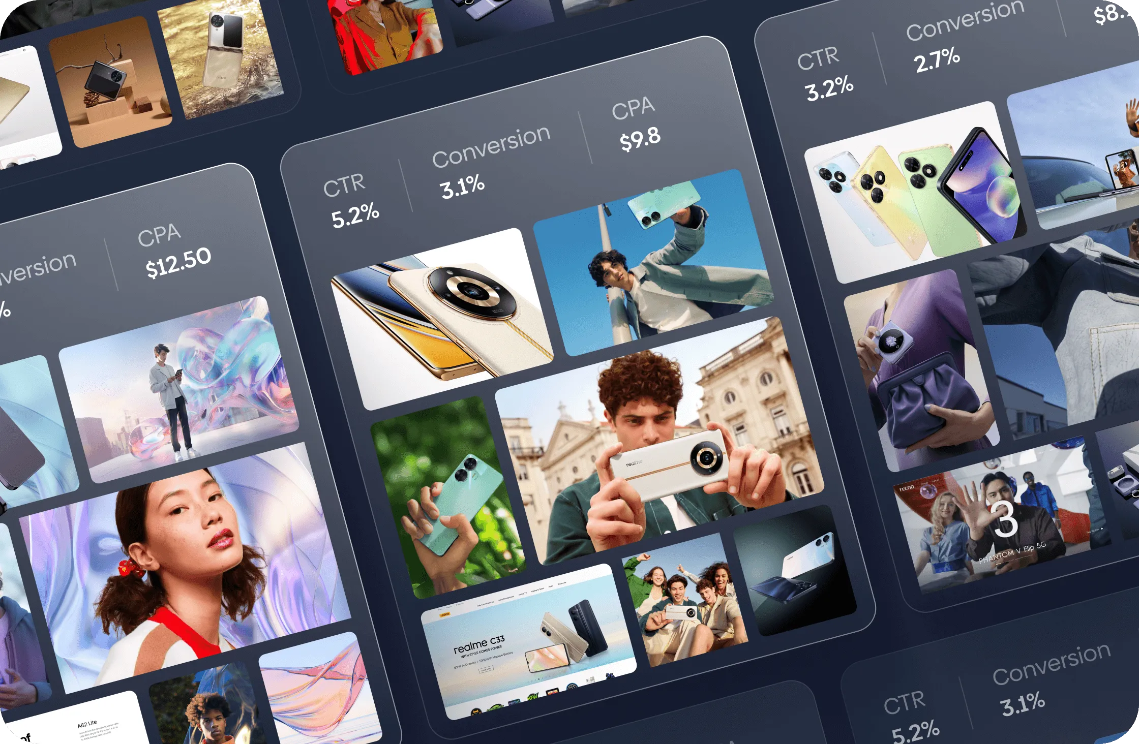 Un collage mettant en scène diverses personnes et divers produits, mettant en valeur un mélange de modes de vie et de biens de consommation.