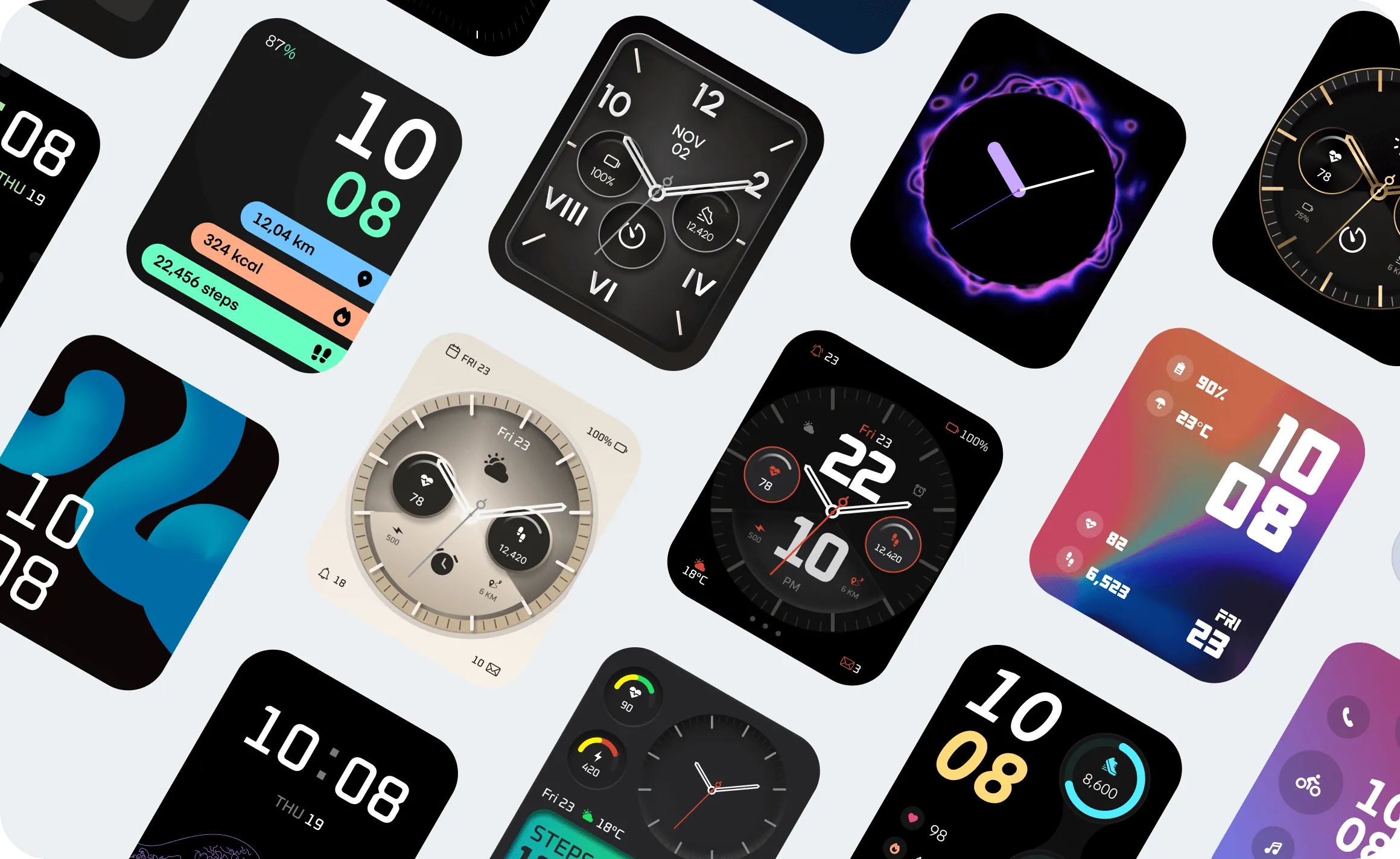 A collection of various watch faces displayed on a clean white background, showcasing diverse designs and styles.