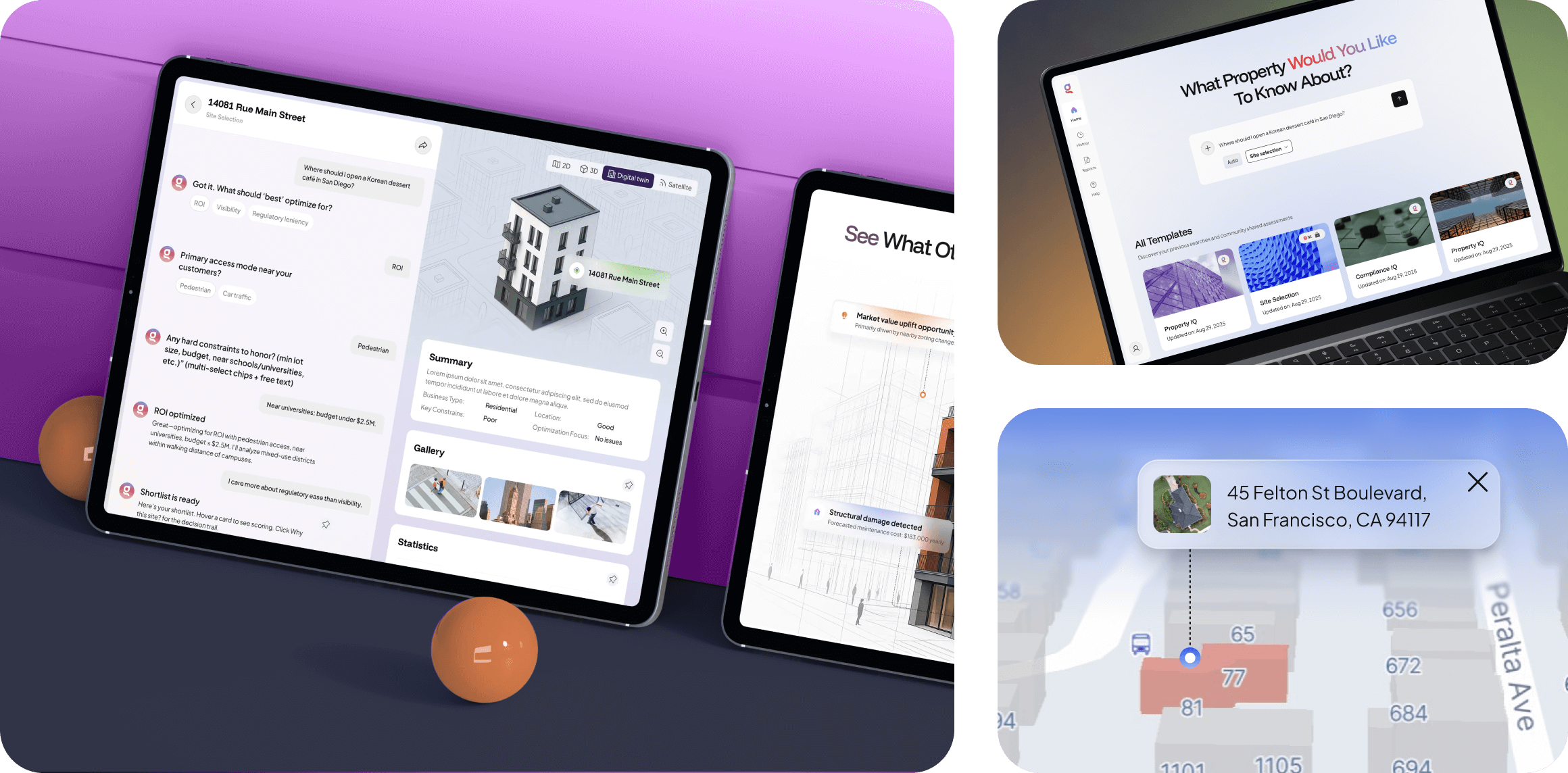 Un écran d'ordinateur, un téléphone et une tablette disposés sur un fond violet vif, mettant en valeur la technologie moderne.