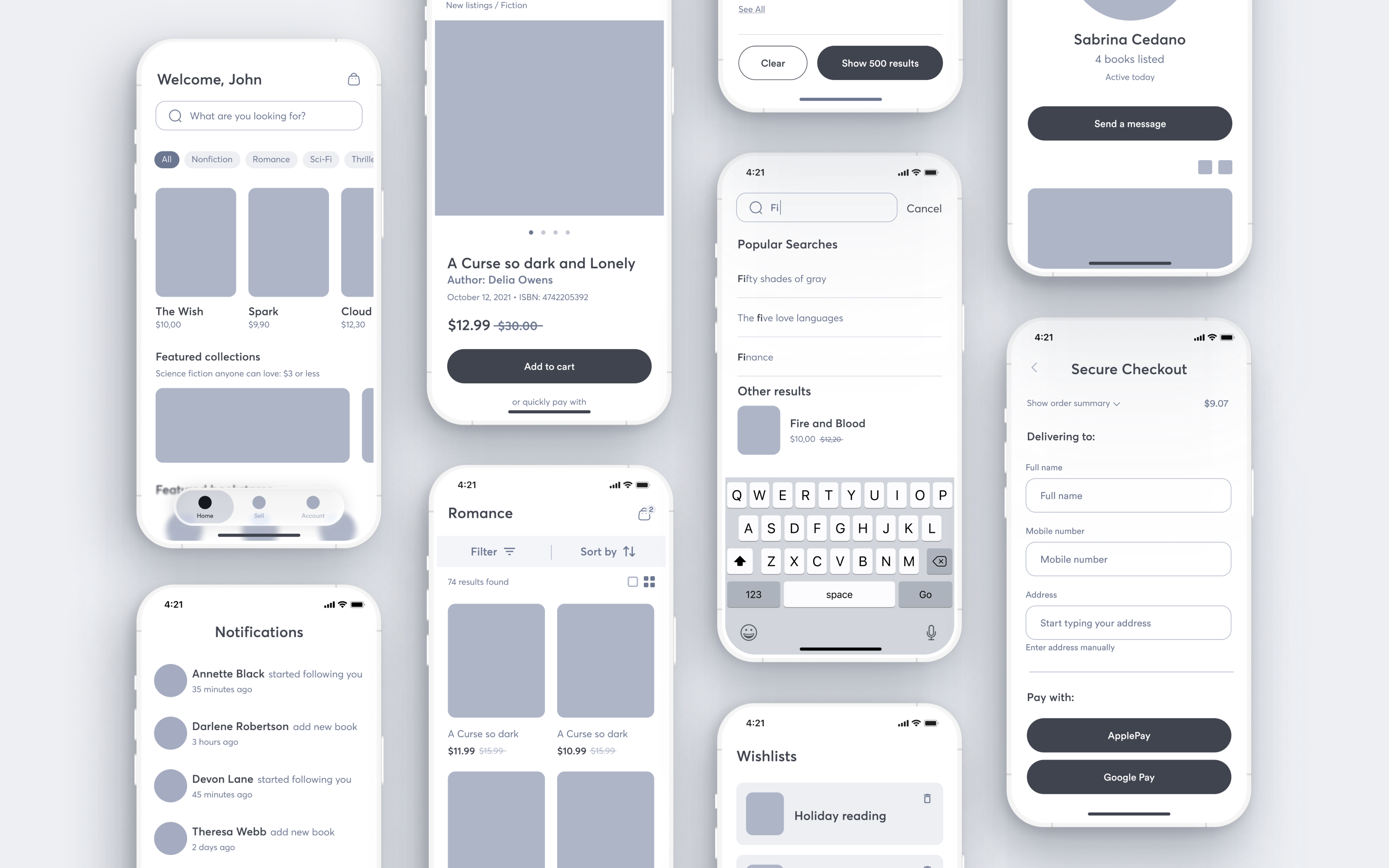 A collection of mobile app screens showcasing various design elements and user interface features.