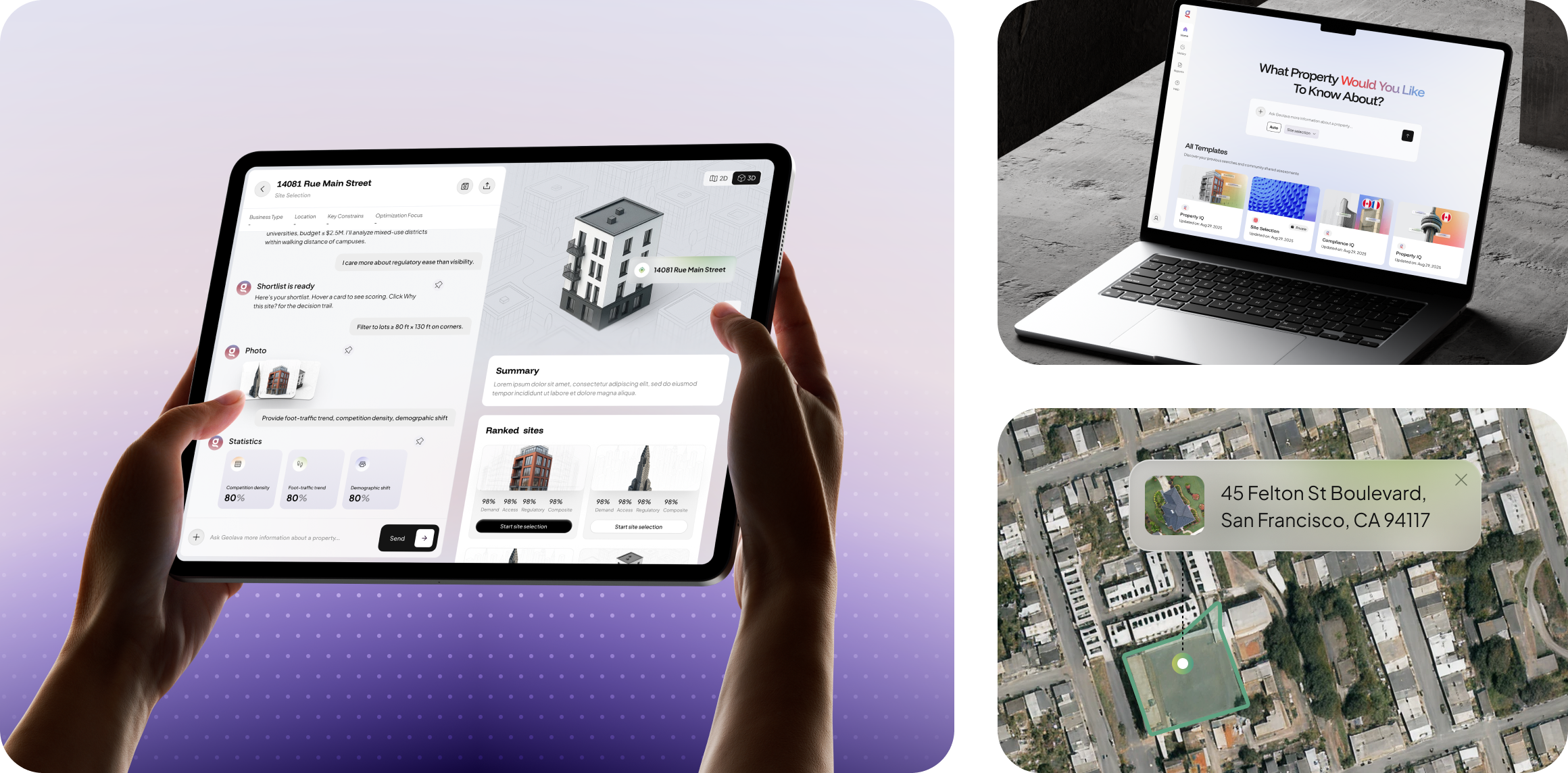 A computer monitor, phone, and tablet arranged on a vibrant purple background, showcasing modern technology.