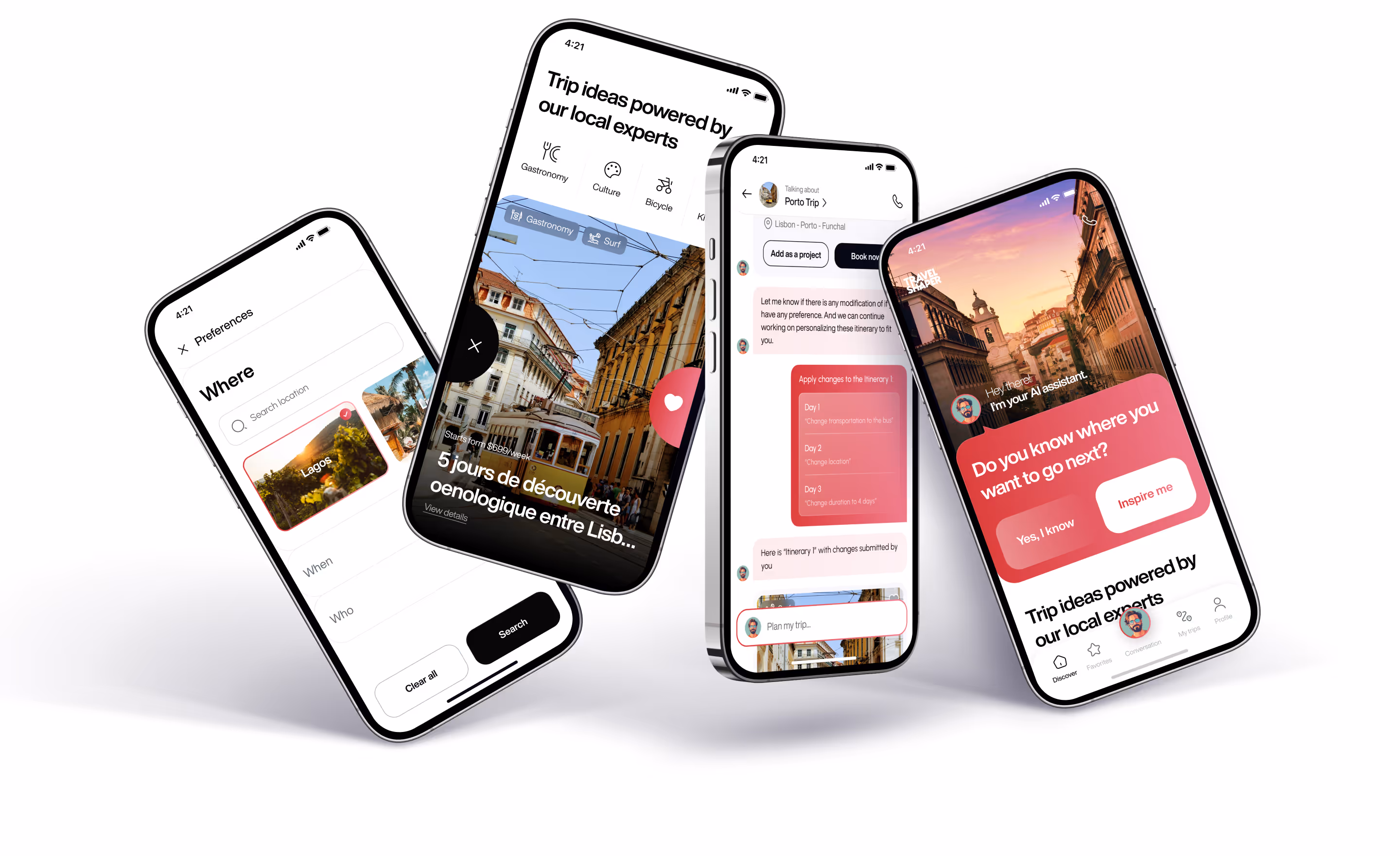 Three smartphones displaying the same app interface, showcasing a modern digital application in use.