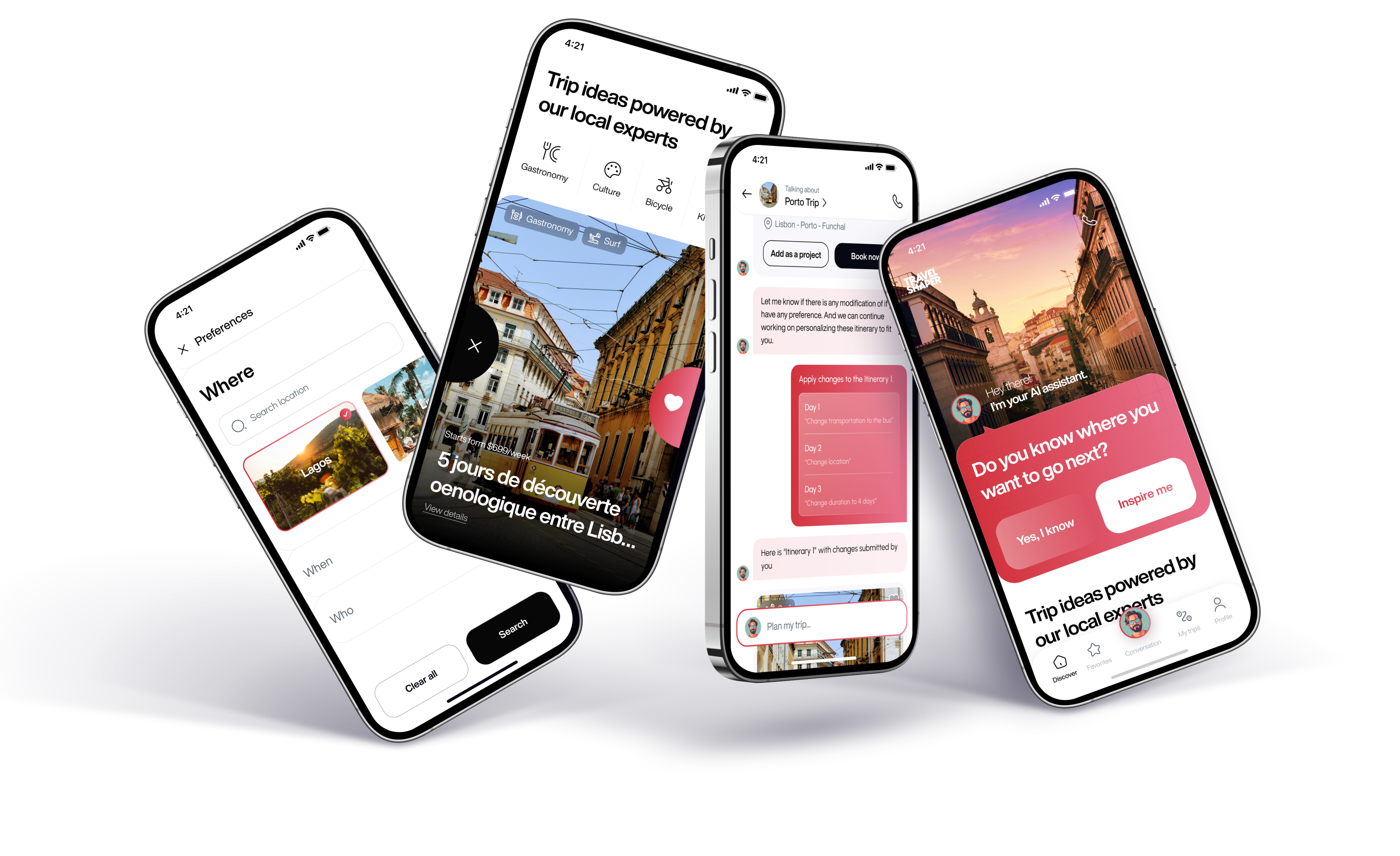 Three smartphones displaying the same app interface, showcasing a modern digital application in use.