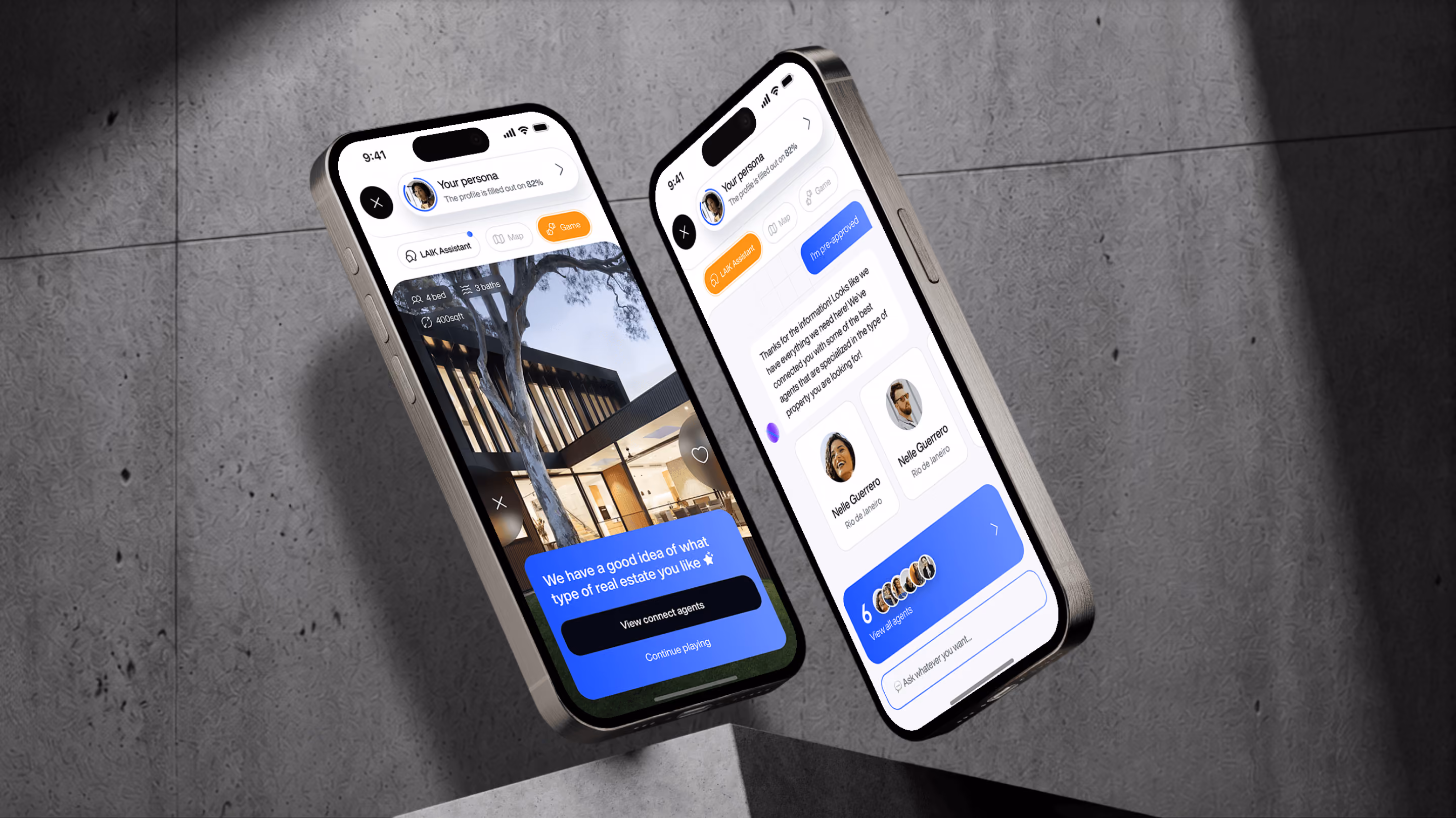 Deux iPhone affichant la même interface d'application, présentant côte à côte leurs caractéristiques et leurs fonctionnalités.