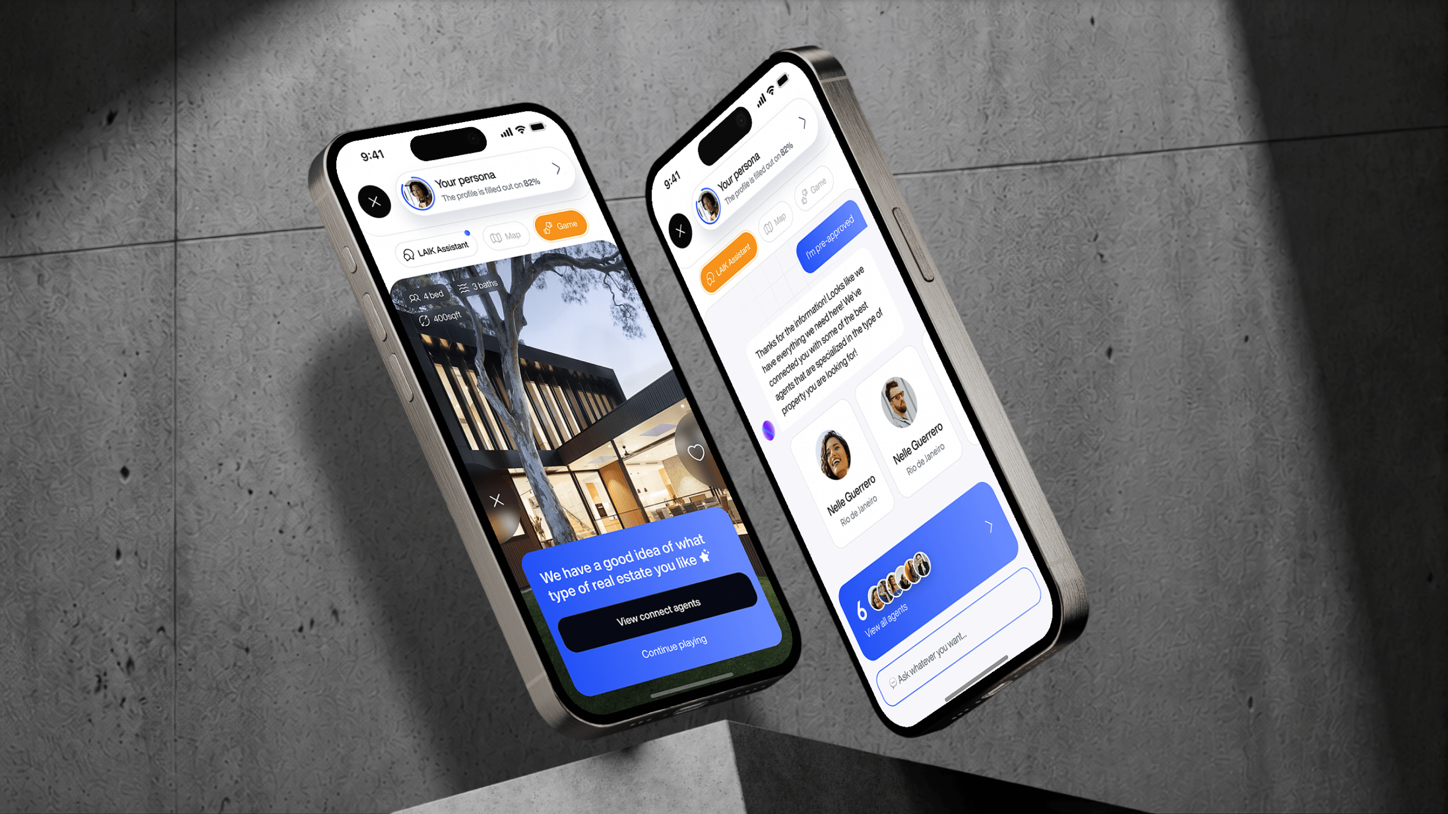Deux iPhone affichant la même interface d'application, présentant côte à côte leurs caractéristiques et leurs fonctionnalités.