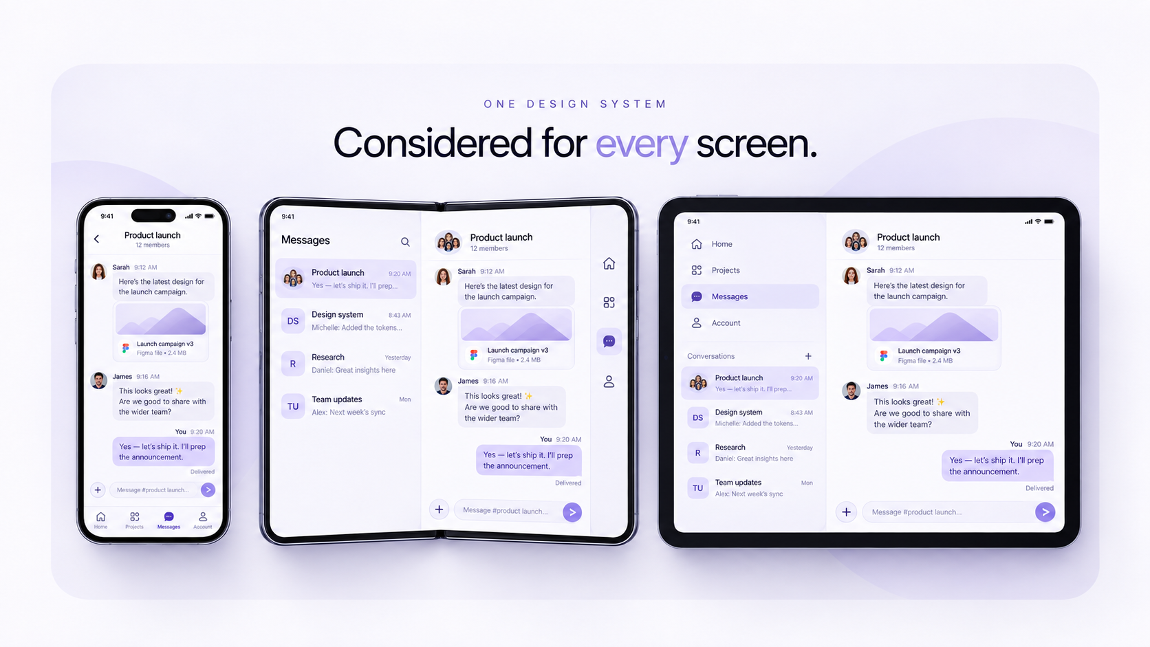A computer monitor, phone, and tablet arranged on a vibrant purple background, showcasing modern technology.