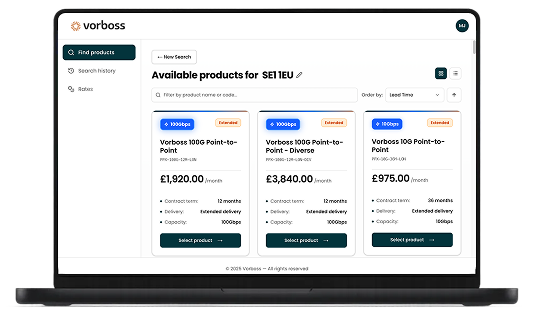 Laptop screen displaying Vorboss website with three available product cards for internet plans including Vorboss 100G Point-to-Point, Vorboss 100G Point-to-Point Diverse, and Vorboss 10G Point-to-Point, showing prices, contract terms, delivery, and capacity details.