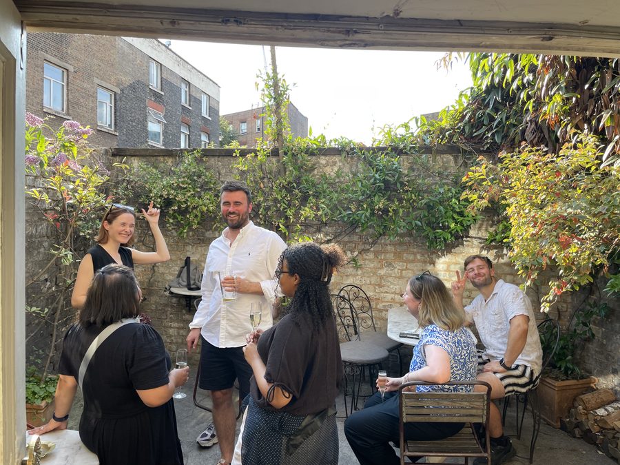 Catching up in the courtyard after work