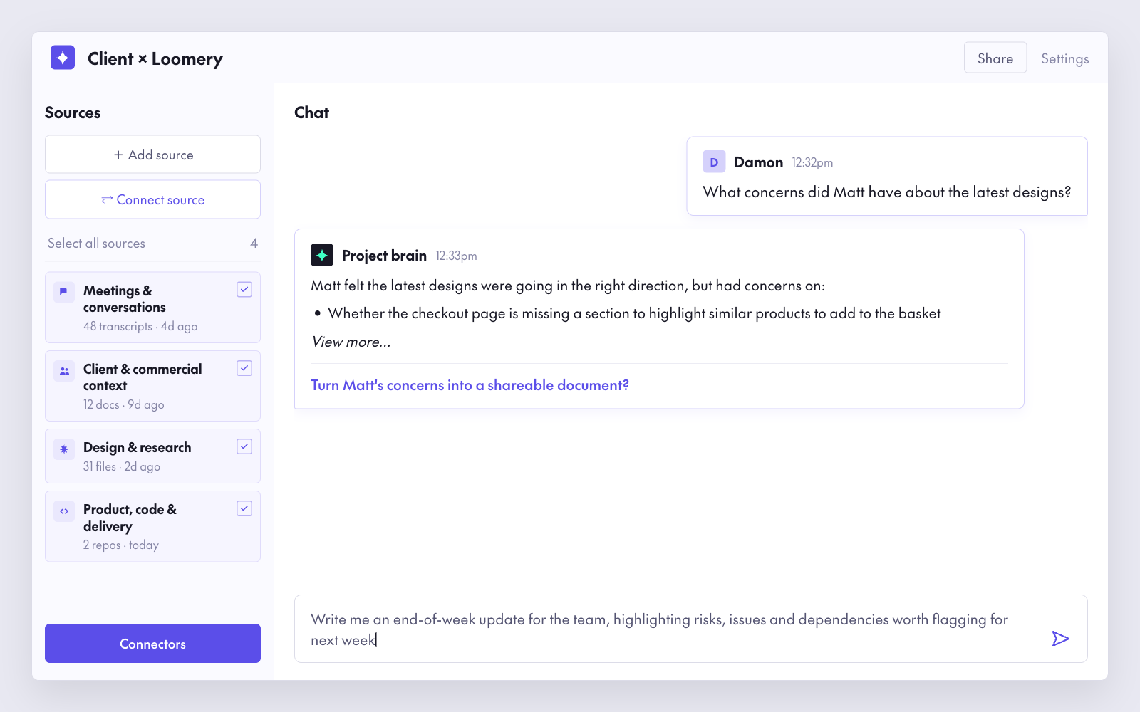 The Warp app: four source groups on the left and a project conversation on the right