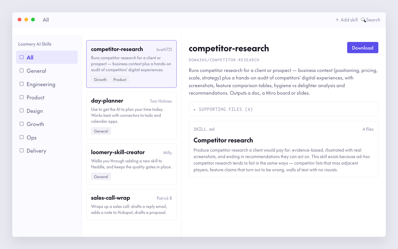 Heddle: the skill library, showing a competitor-research skill and its files