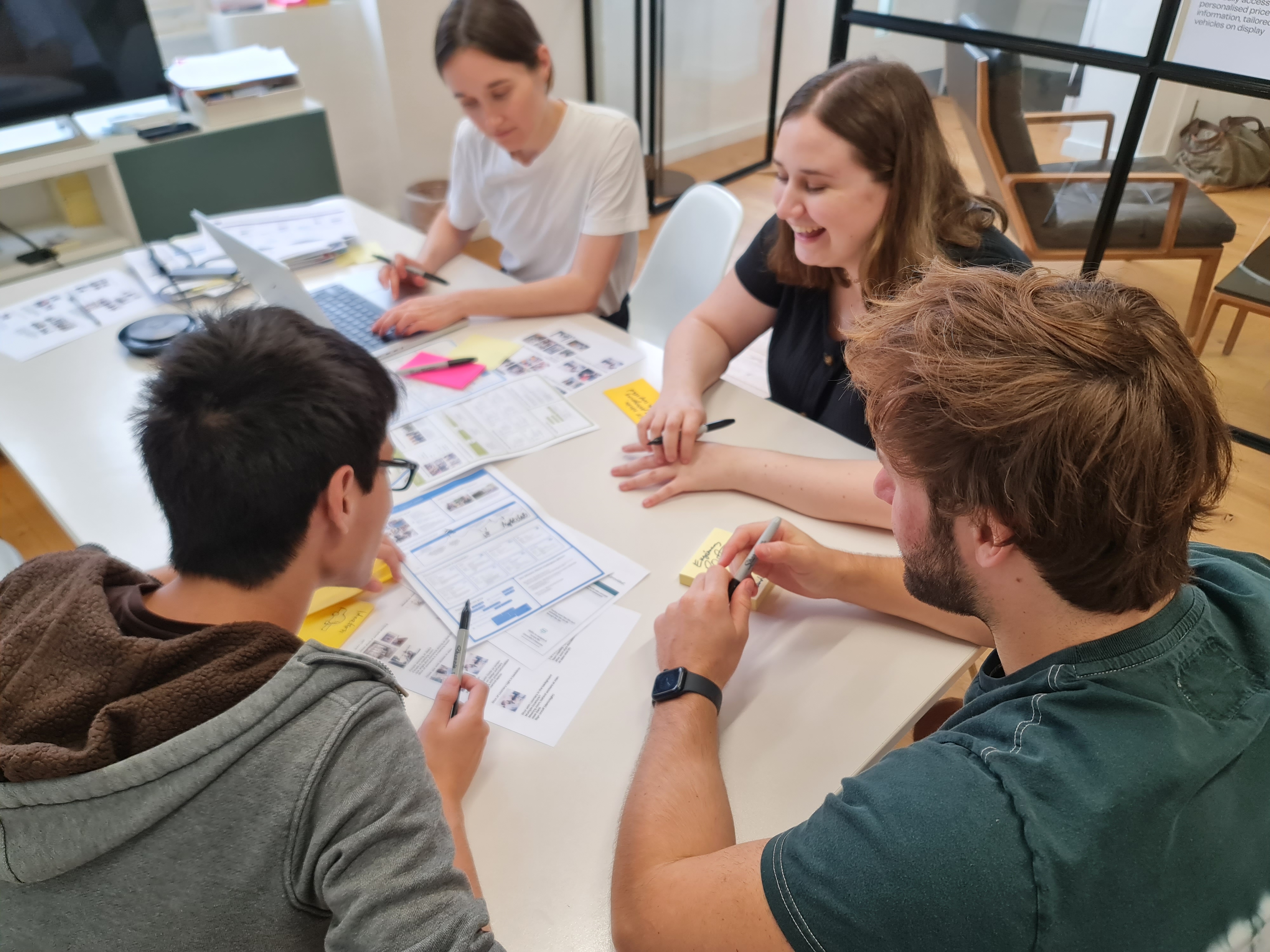 Loomers working together around a table covered in sketches and sticky notes