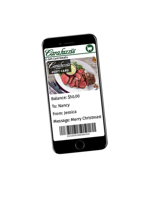 Phone with the Caraluzzi e-gift card on its screen