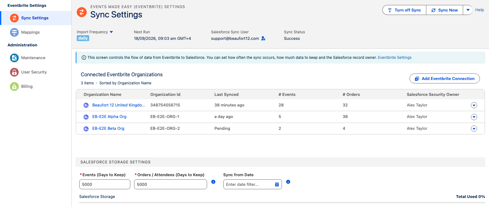 Events Made Easy (Eventbrite) Sync Settings in Salesforce, showing import frequency, next run, sync status, three connected Eventbrite organisations with last synced times and record counts, and Salesforce storage settings for days to keep.