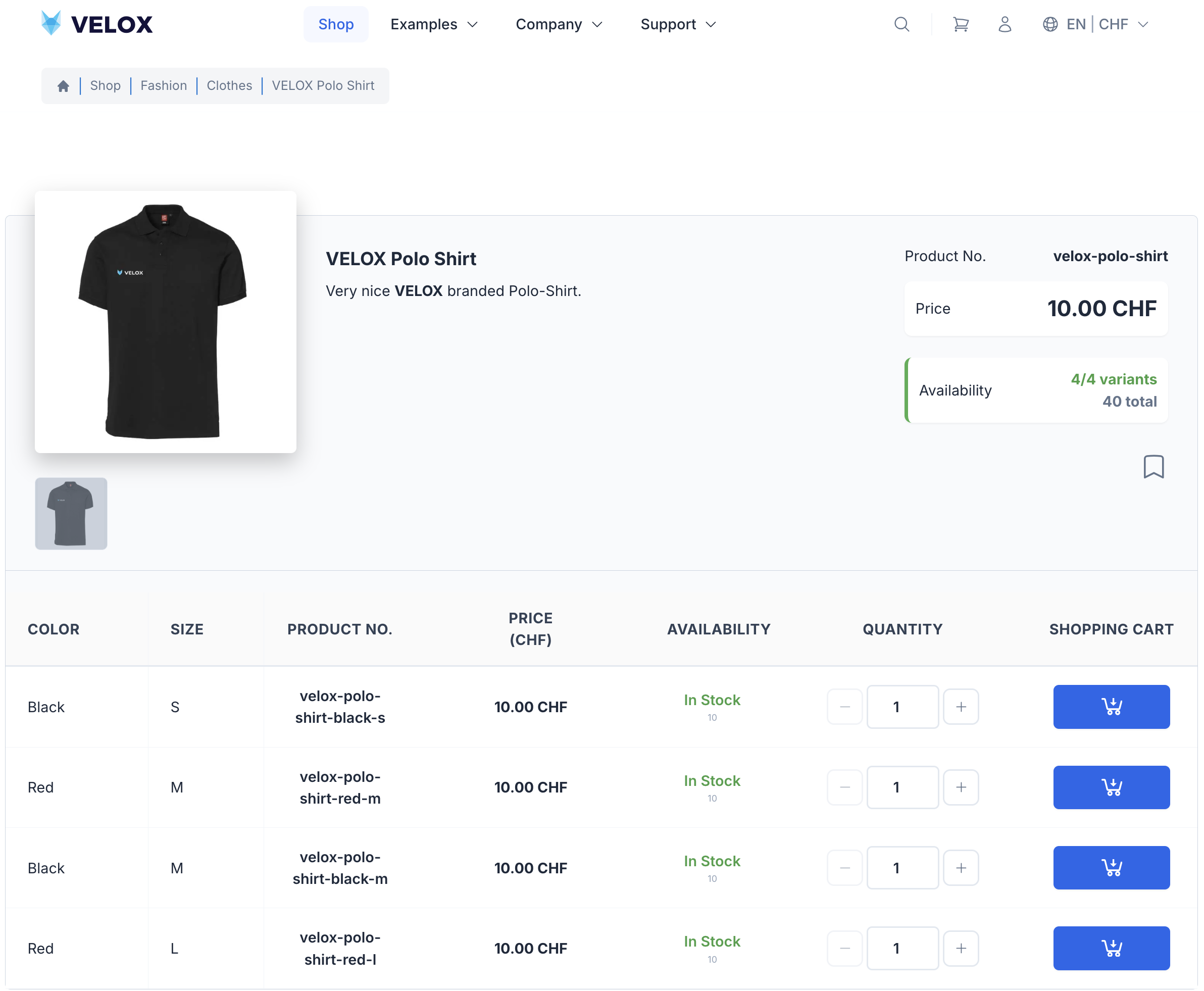 VELOX ecommerce product page