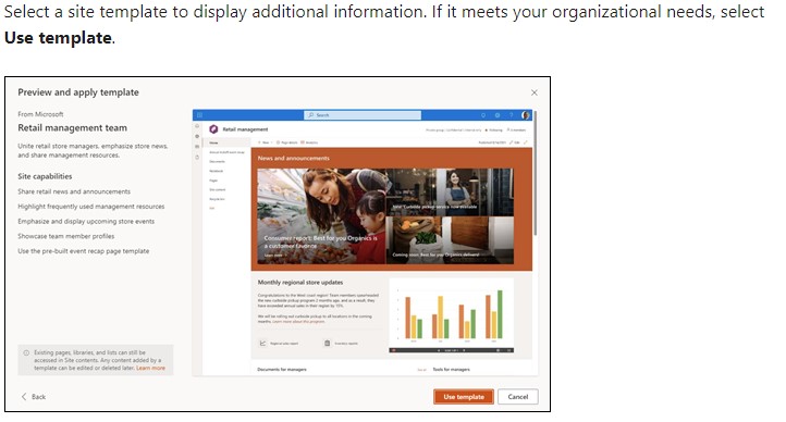 Select a site template to display additional information. If it meets your organizational needs, select Use template.