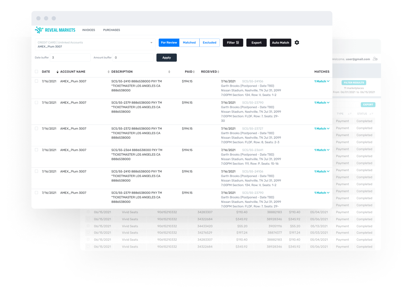 Reveal Markets Purchase Reconciler example showing the matches from the credit card and the point of sale system.