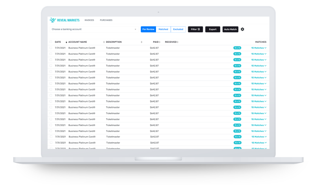 Purchase Reconciler showing the purchases from the credit cards and what is being matched from the point of sale system.