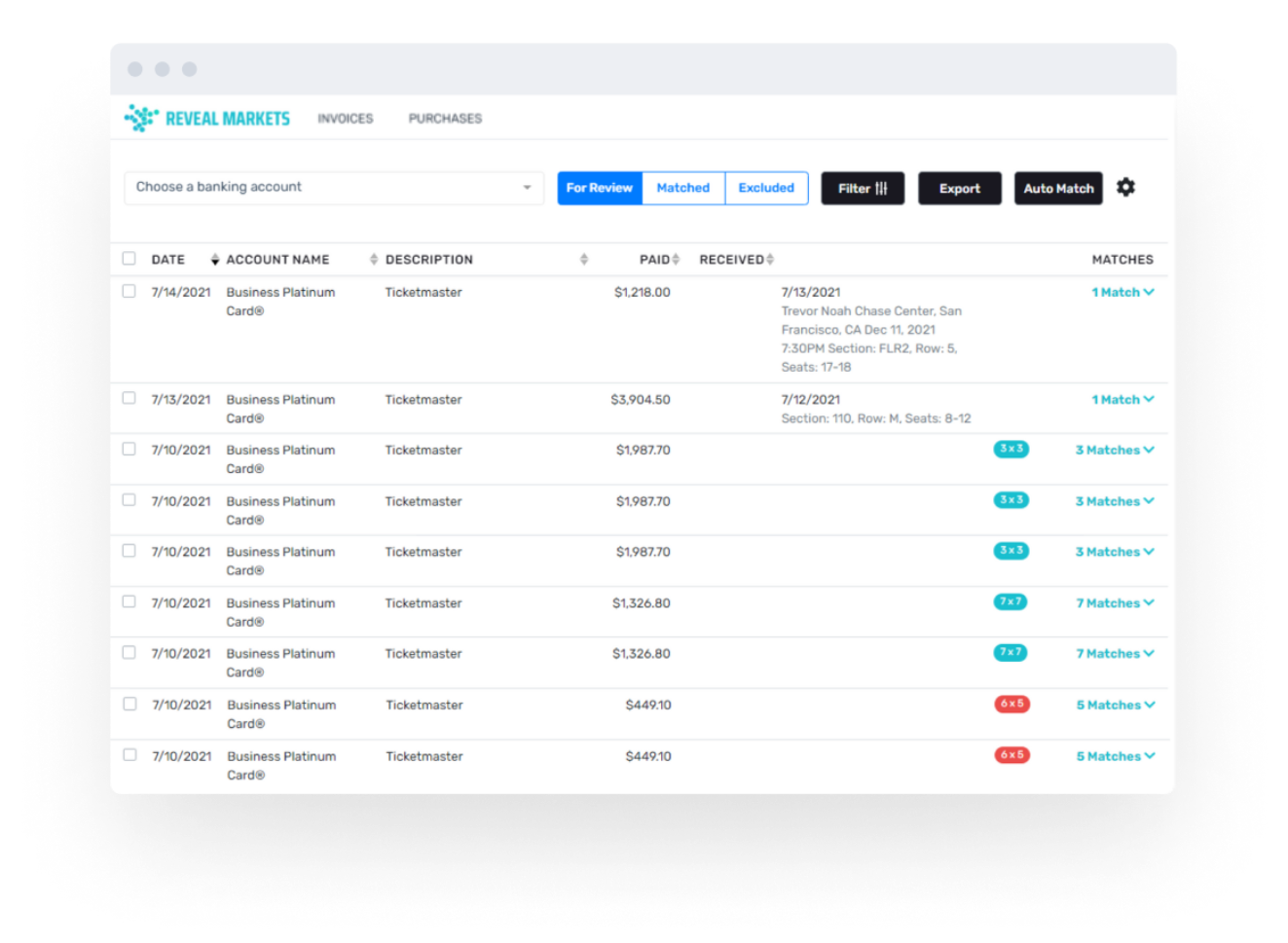 Purchase Reconciler screen showing credit card transactions and corresponding matches from the users point of sale.